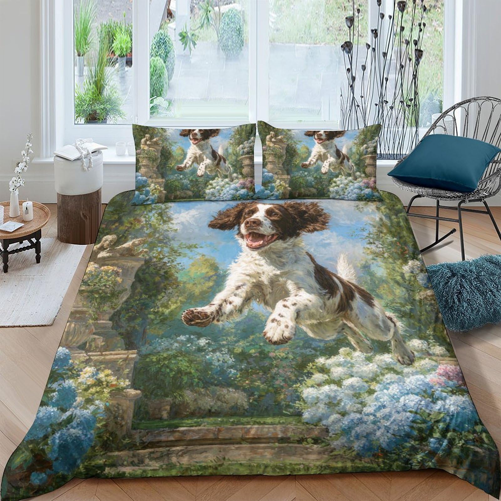Ctjqhvkz Style-4 3D Printed Lively Spaniel Dog Fitted Sheet Microfiber Floral Meadow Mattress Cover For Bedroom Decor Single（135X200cm）