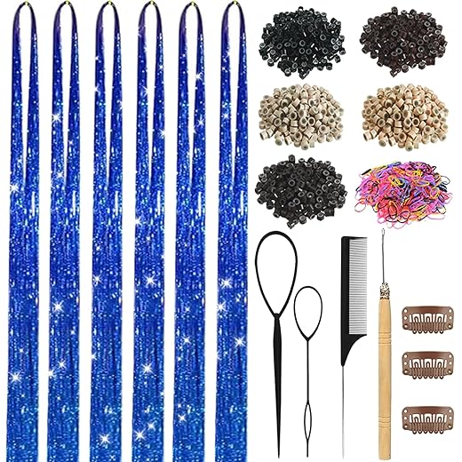 Hair Tinsel, Hair Tinsel Kit for Girls 1800 Strands Fairy Tinsel Hair Extensions Holographic Hair Tinsel Heat Resistant Colored Hair Glitter Christmas Party Festival (Blue)
