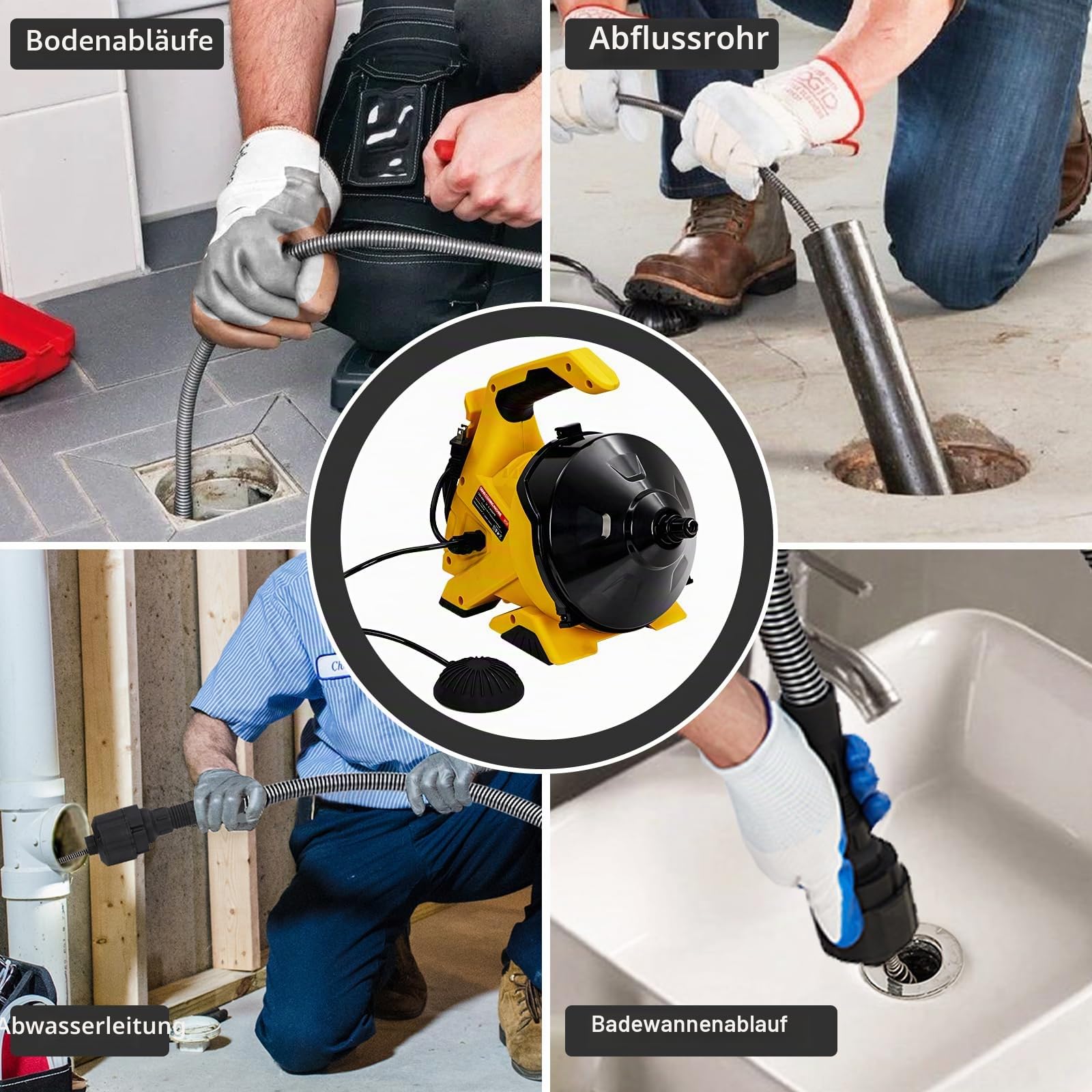 Reinigungsspirale Akku-Rohrreiniger 9m, Automatische Elektrischer Abflussreiniger für 20-60mm Rohrverstopfungen Verwende, Kabel in Klavierdraht, mit Fußschalter, für Waschbecken/Toiletten/Bodenabläufe