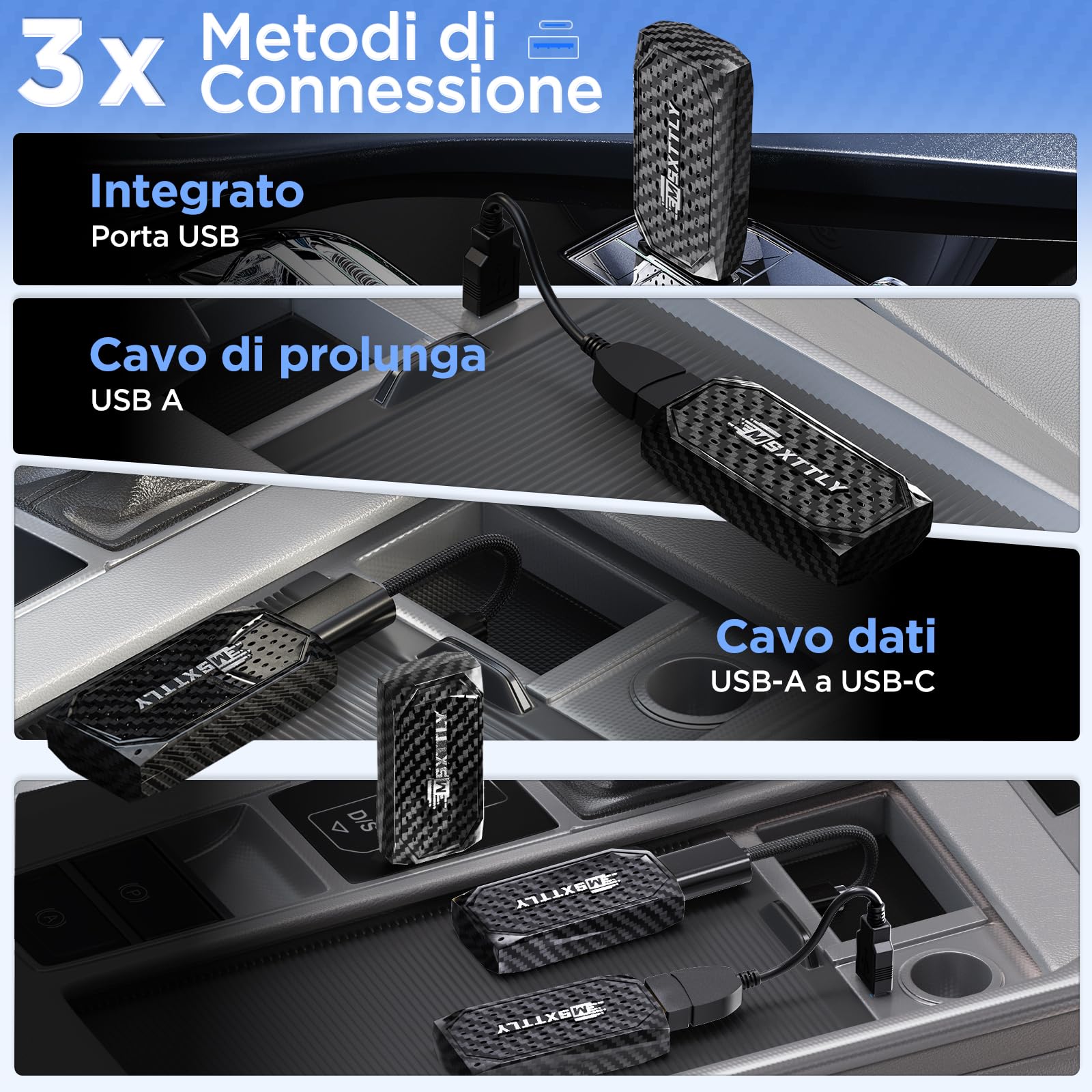 MSXTTLY Mini Adattatore Wireless CarPlay Android Auto 3 in 1, supporta Netflix, YouTube, TikTok e Prime Video, per auto con CarPlay cablato 2017+