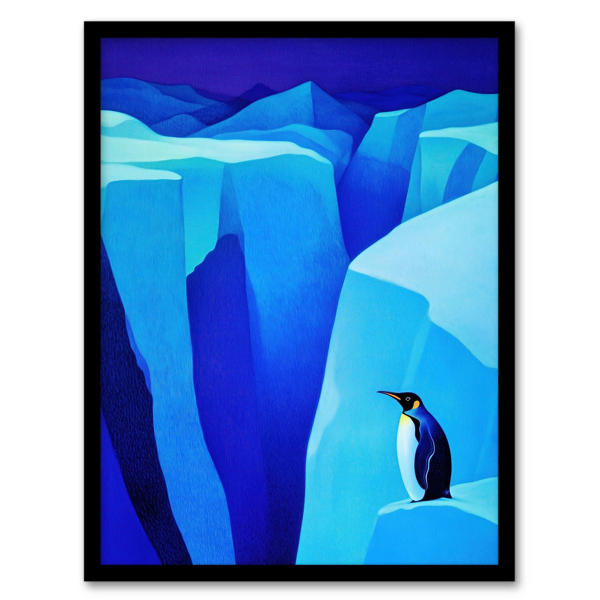 Artery8 Framed Art Print - Lone King Penguin Antarctic Ice Glacier Landscape - A4 Size - Blue