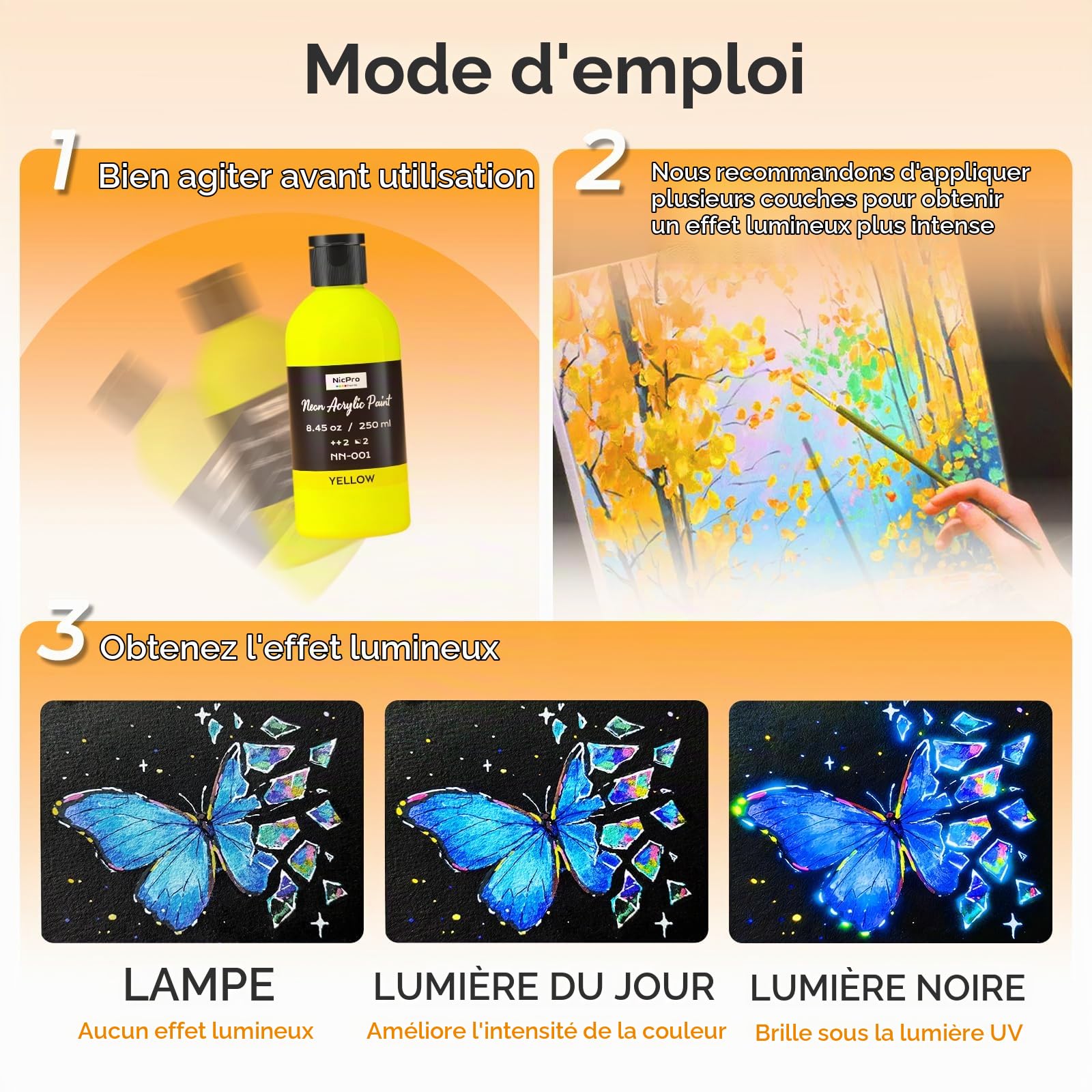 Nicpro Peinture Fluorescente 6 Couleurs X 250 ml, Peinture Acrylique Luisant Dans Le Noir, Acrylique Fluorescente pour Projets De Bricolage, Vêtements De Fête, Halloween, Décorations De Noël