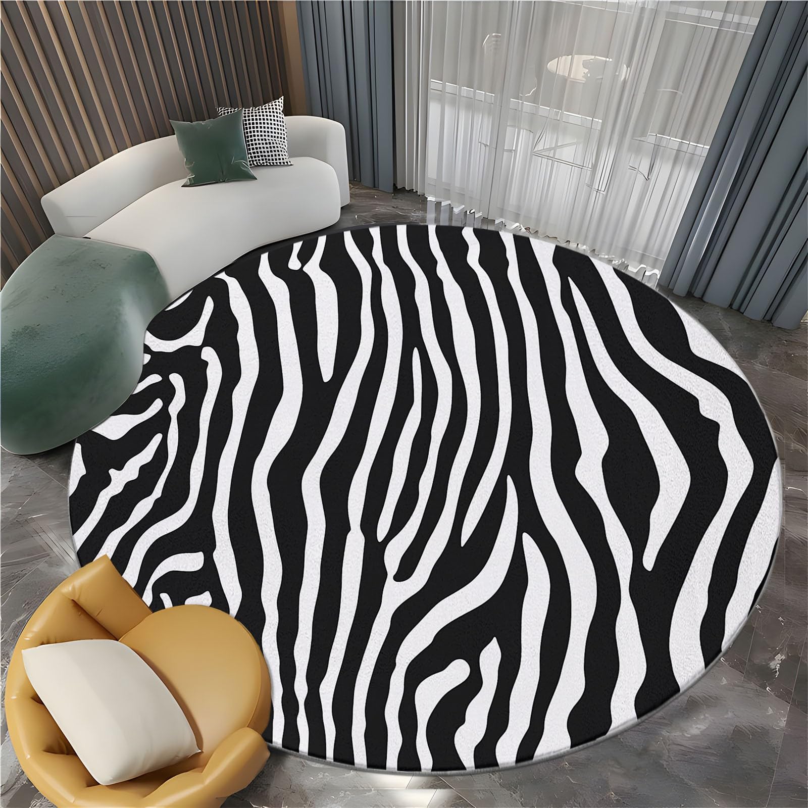 3 ft Round Area Rugs Machine Washable, Animal Print Zebra Pattern Rug Striped Soft Indoor Carpet Low Pile Non Slip Rugs, for Living Room Bedroom