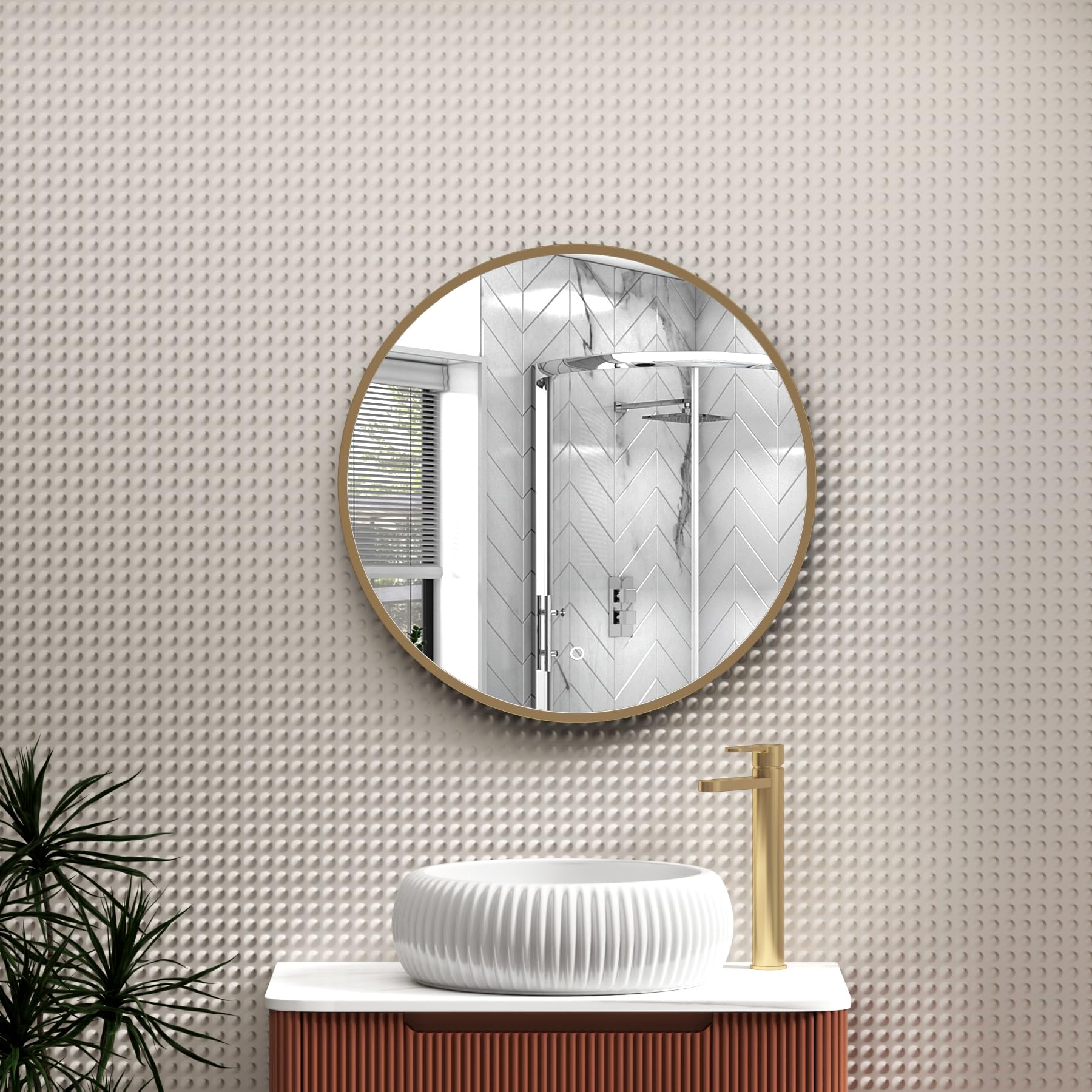 Royal Bathrooms Luxor 600 x 600mm Wall Mounted Bathroom Mirror Brushed Brass LED Within Frame Illuminated Frontlit 3 Colors Anti-Fog Round