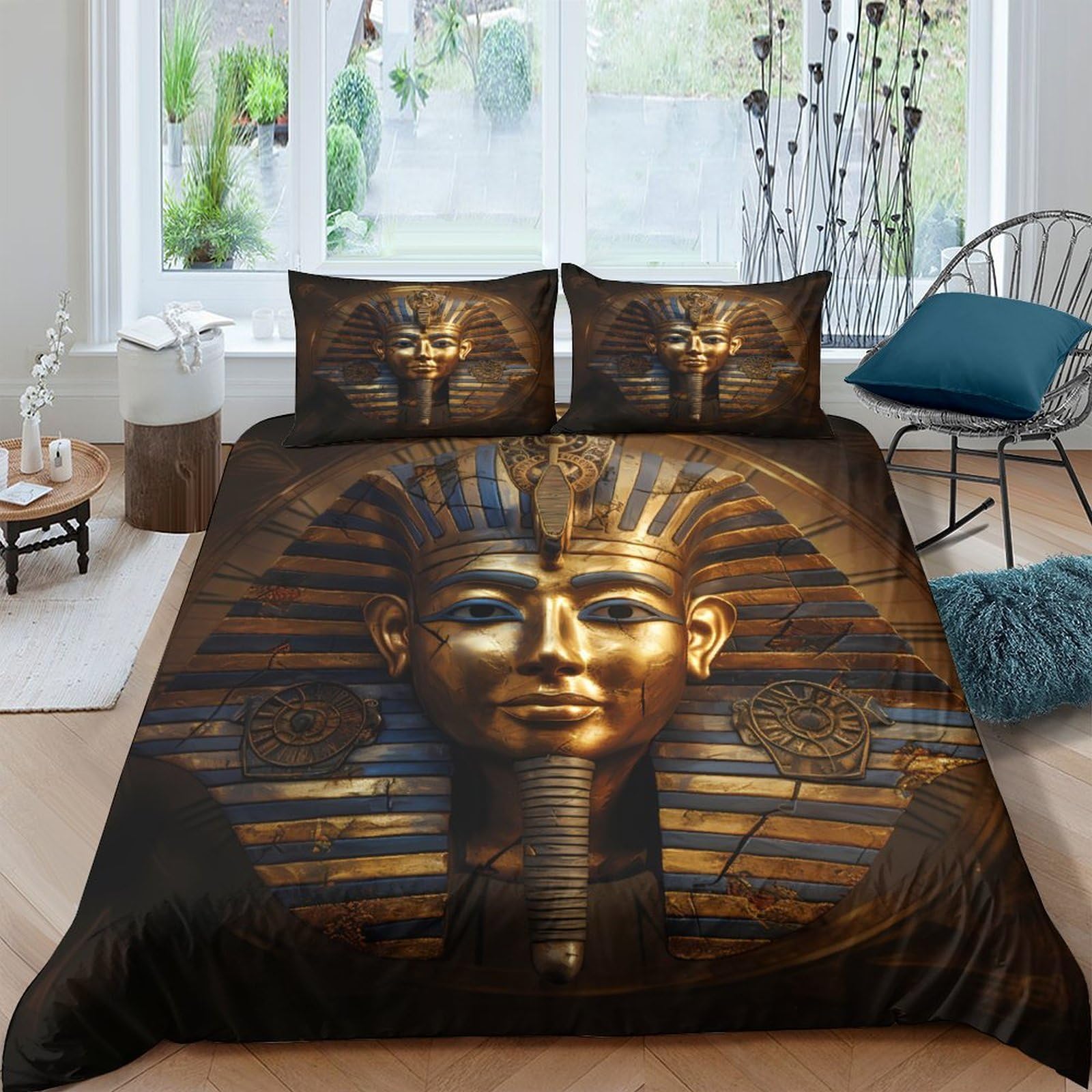 Ctjqhvkz Style-1 3D Printed Pharaoh Gold Mask Fitted Sheet Microfiber Slip Resistant Egyptian Art Mattress Cover For Bedroom Guest Room Single（135X200cm）