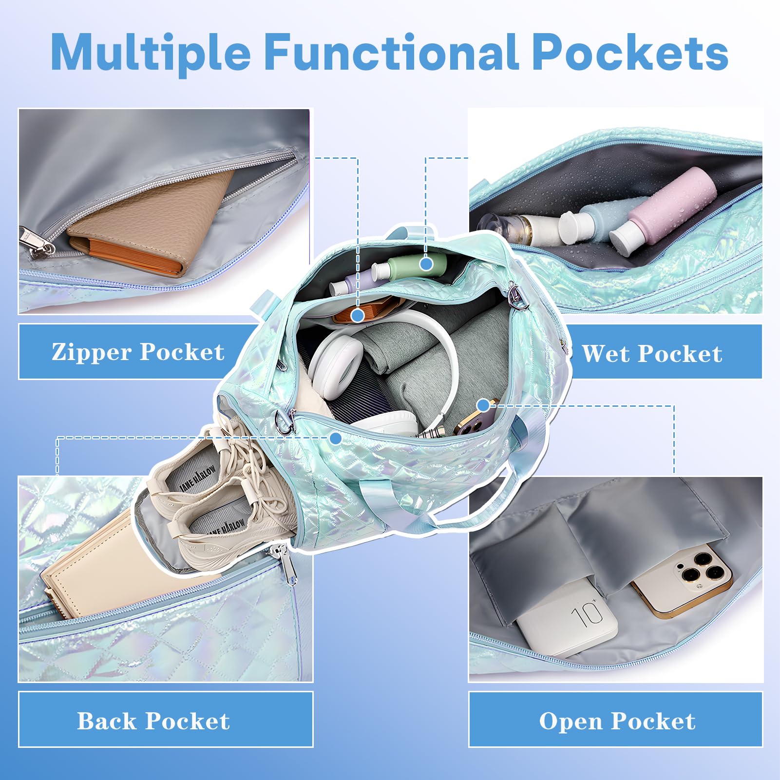Tanztasche für Damen und Mädchen, Sporttasche, Sporttasche, mit Nass- und Schuhfächern, multifunktional, Reisen, Übernachtung, Wochenender, wasserdicht, faltbar, Flash-Grün