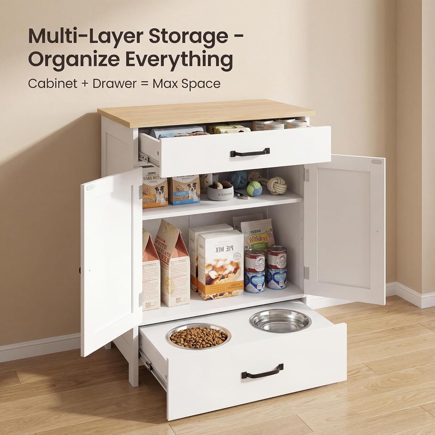 LINLUX Dog Feeding Station with 2 Elevated Dog Bowls, Food Storage with Adjustable Shelf and Sliding Drawer, Hidden Pet Feeder Station for Cats and Dogs, White