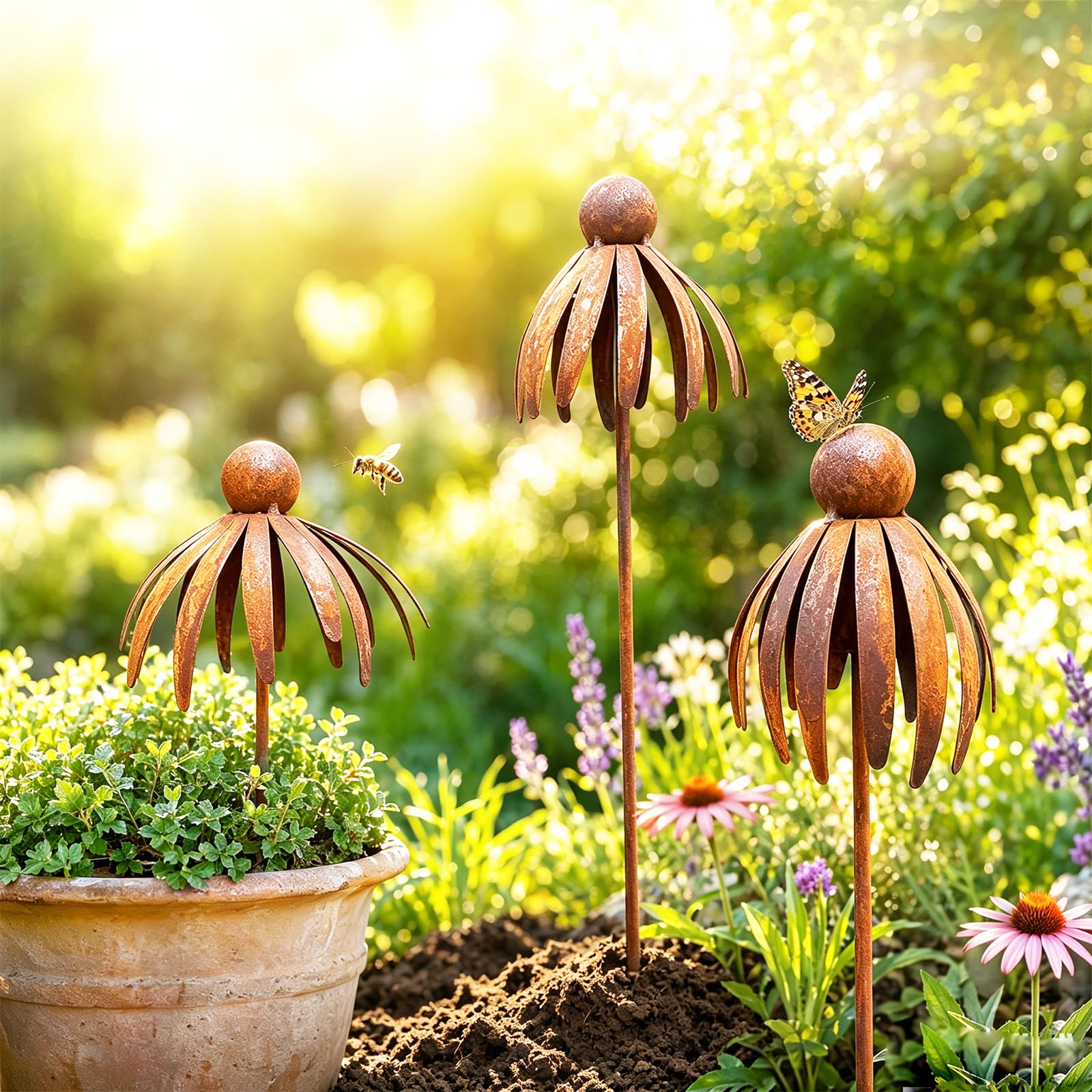 Set of 3 Rust Decoration for Garden Corten Steel Garden Stake Metal Flower Poppy Teleopea Garden Decoration Rust Trellis Flower Bed Stake Pot Stake Natural Rust (A)-image-2