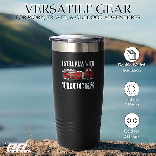 Miniatura 6 de Rogue River Tactical Divertida taza de café de acero inoxidable con tapa con diseño de bomberos Still Plays With Fire Trucks, gran idea de regalo