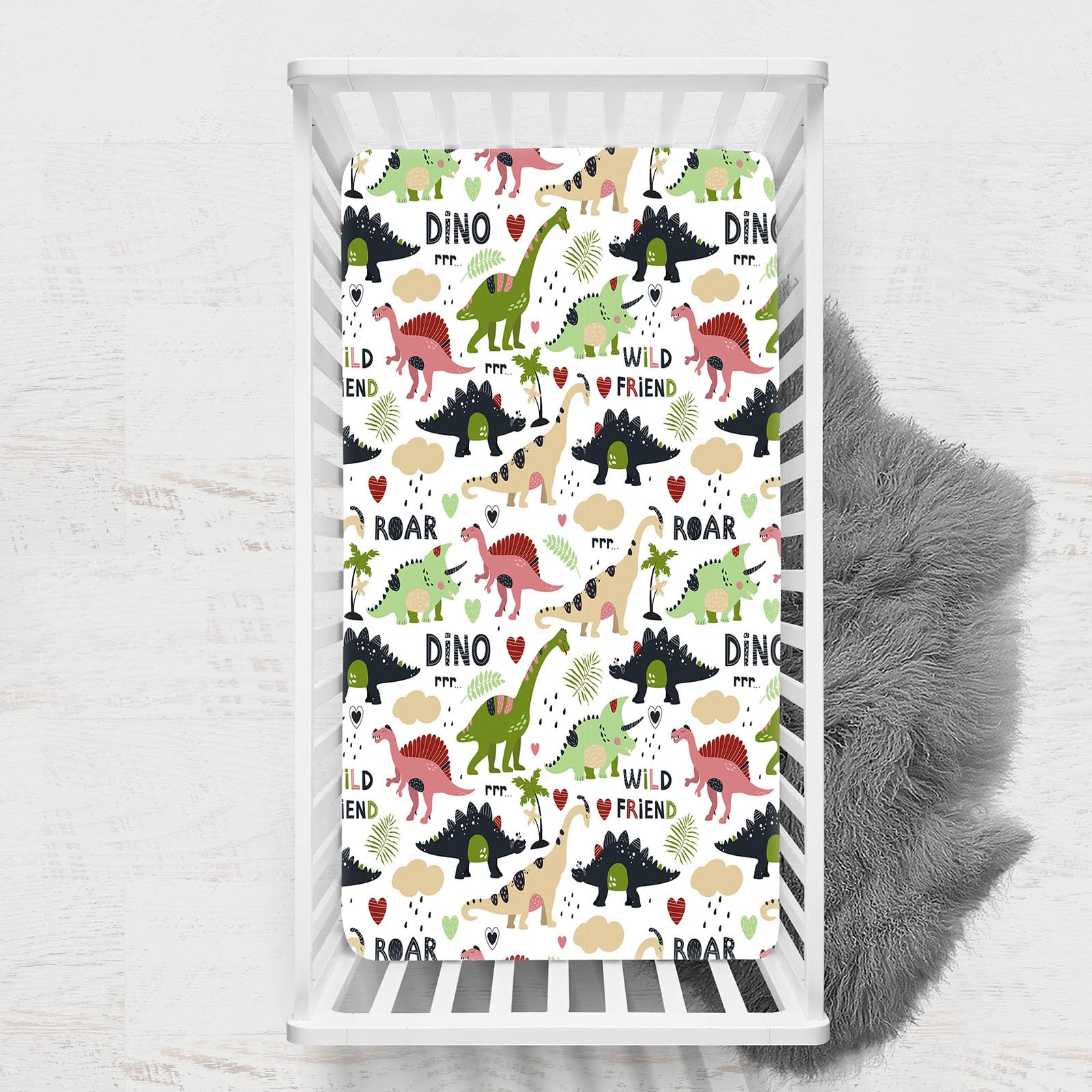 Odot Cot Bed Sheets, Dinosaur Print Bedside Cribs Fitted Sheets, Baby Bed Sheets Microfiber Cot Bed Mattress Protector, Bassinet Sheets, Easy Care Soft and Dureable (White 2,65x95 cm)
