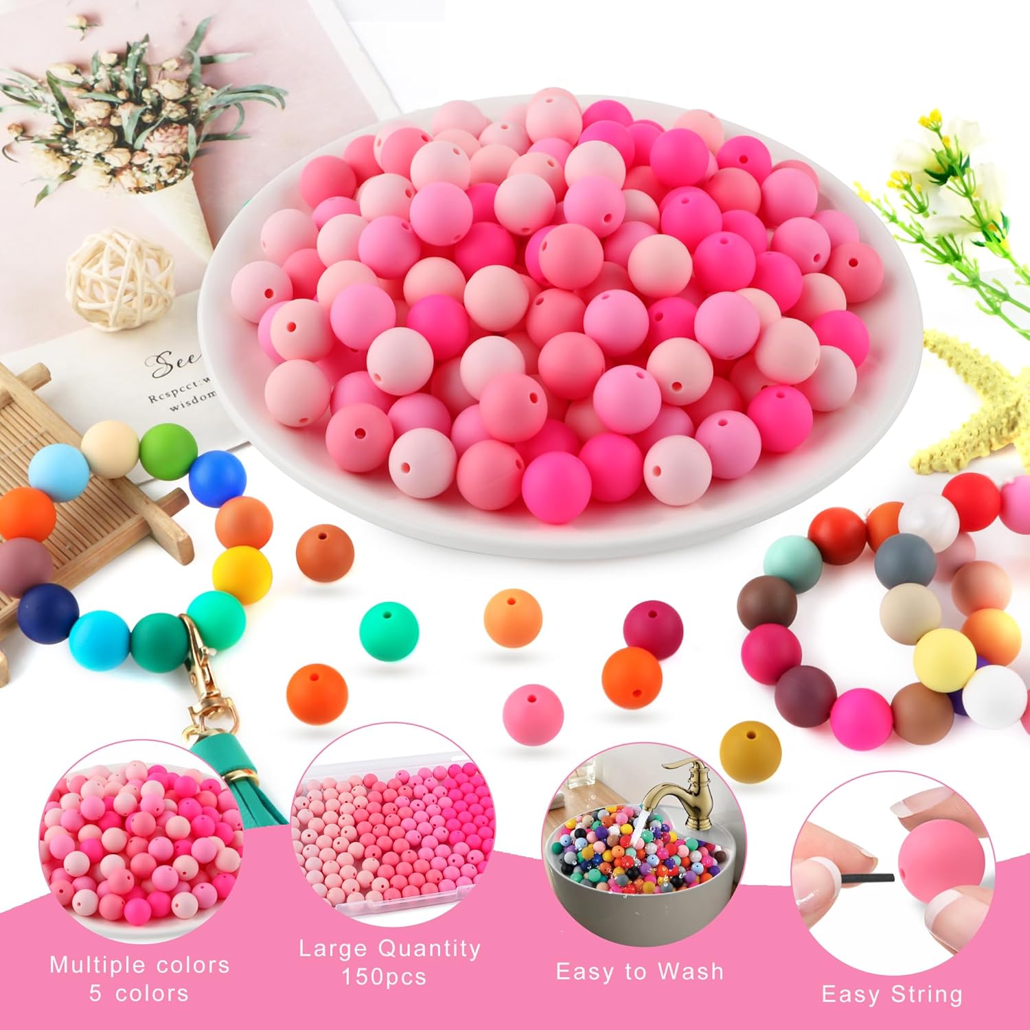 150Pcs Silicone Beads 15mm Mix Color, Bulk Silicone Beads 15mm for Keychain Pens and Bracelet Making(Pink) - Image 3