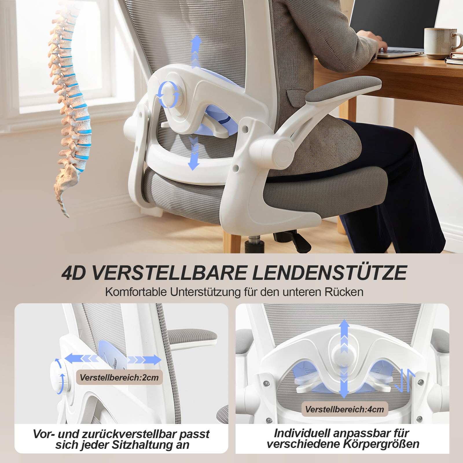 Bürostuhl Ergonomisch mit 4D Verstellbarer Lordosenstütze und Atmungsaktivem Mesh, Ergonomischer Schreibtischstuhl mit 8 cm Formstabilem Sitzpolster, 360° Drehstuhl für Home Office & Büro Weiß