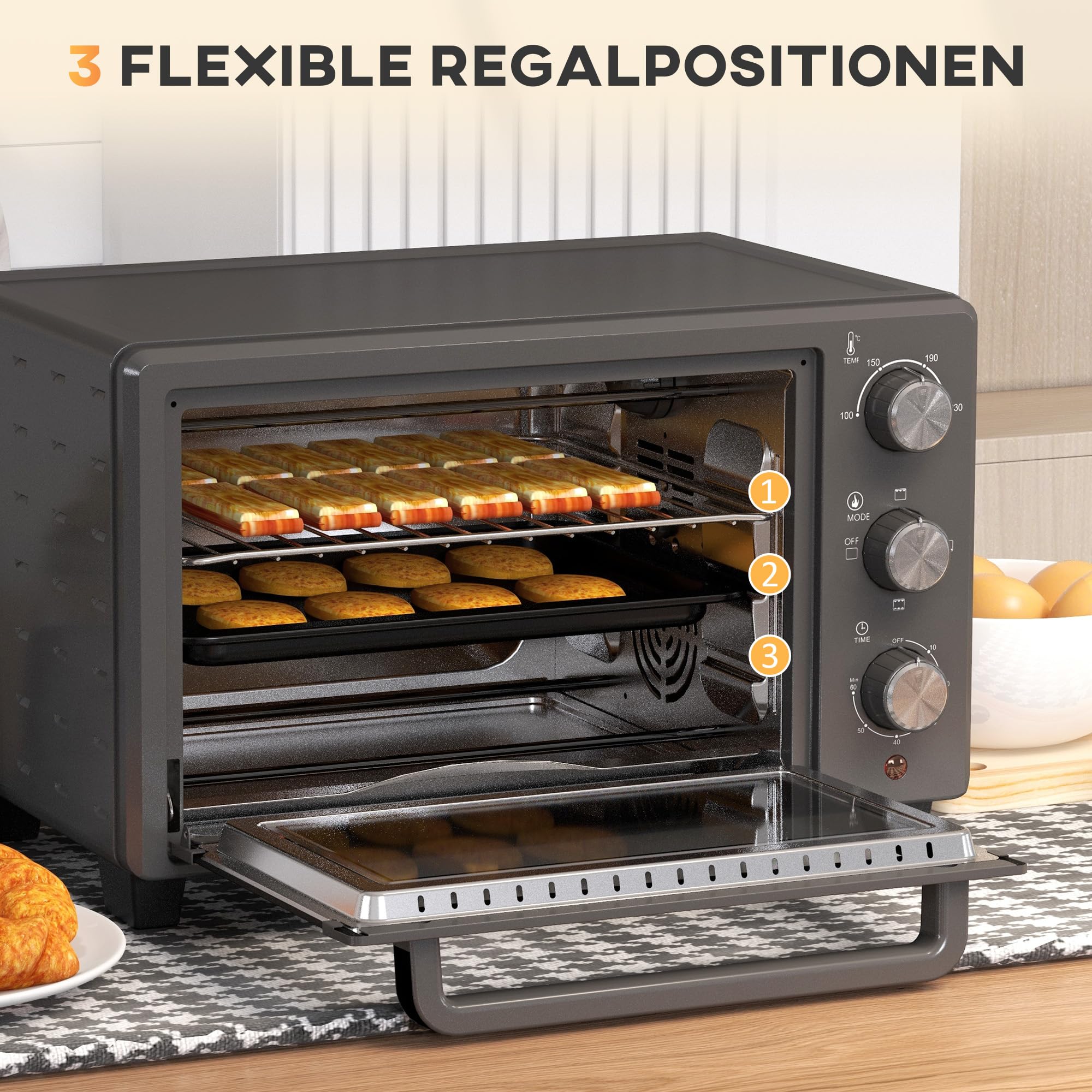 HOMCOM Mini piekarnik 21 l, 1400 W, timer 60 min, mały piekarnik z regulacją temperatury 100 °C-230°C, czas gotowania, mini piekarnik z blachą do pieczenia, stelaż z drutu, piec stołowy z metalu