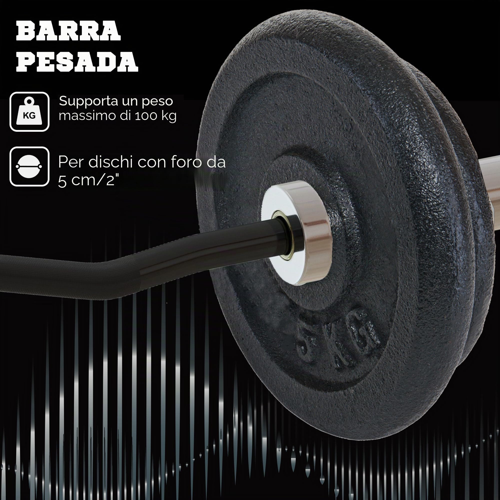 SPORTNOW Barra pesi in acciaio 120 cm 8 kg Barra EZ Curl Nero/Argento | Ø50 mm, 2 anelli, capacità 100 kg, barra olimpionica, per dischi da 5 cm, allenamento a casa, barra Z.