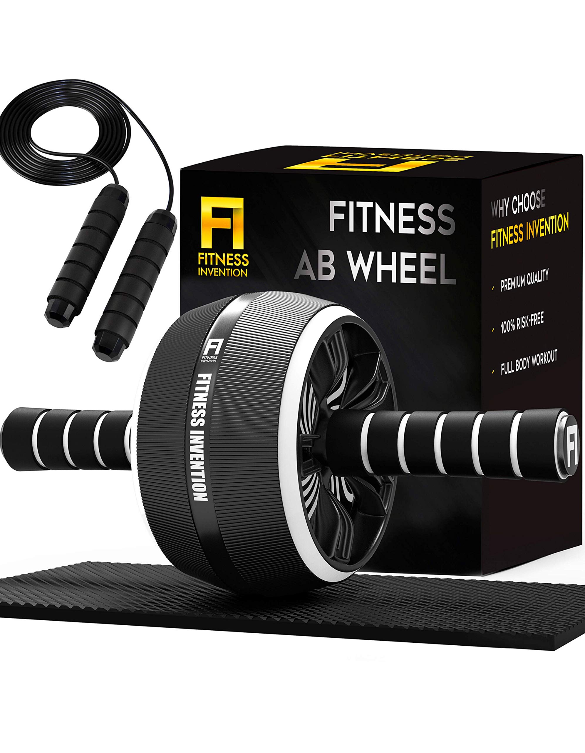 Fitness Invention Ab Roller Wheel - 3-in-1 Ab Wheel Roller with Knee Mat and Jump Rope - Ab Roller Wheel for Abdominal Exercise - Ab Workout - Home Workout Equipment - Abs Wheel Roller - Abs Roller