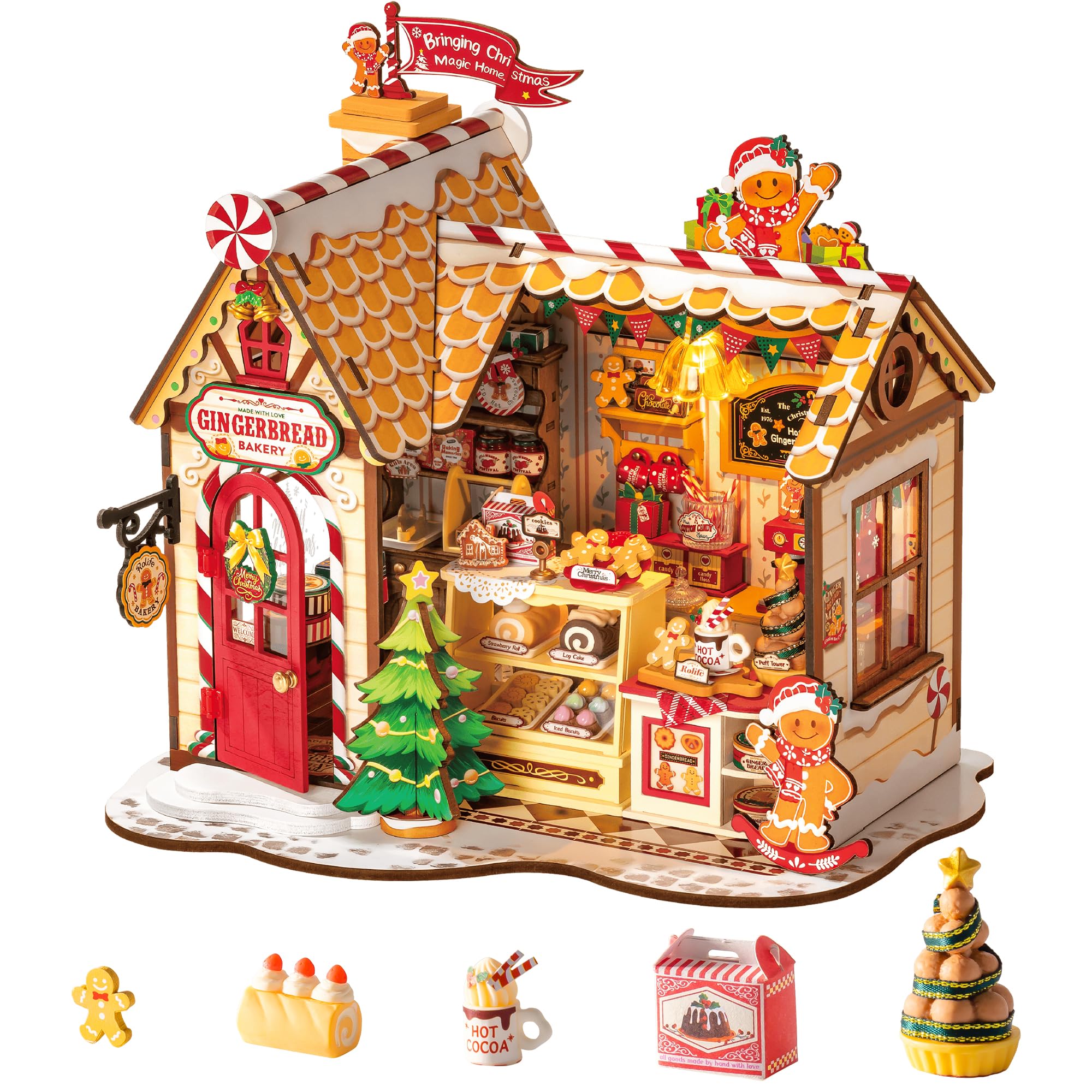 Rolife Casa delle Bambole di Natale Casetta Pan di Zenzero Kit Miniatura Fai-da-te Modello in Legno Decorazione Natalizia Regalo Creativo per Adulti e Ragazzi