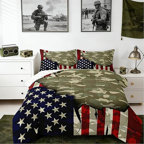 Feelyou American Flag Camo Comforter Set King Size Kids 4th of July Patriotic Ca