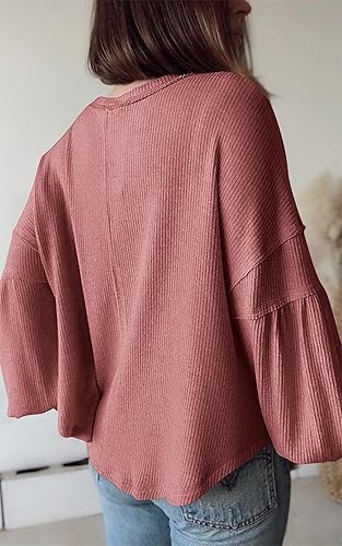 Miniatura 3 de BTFBM - Camisas de punto acanalado con cuello en V para mujer, estilo casual, para otoño, estilo túnica, holgadas, de manga larga, con globo
