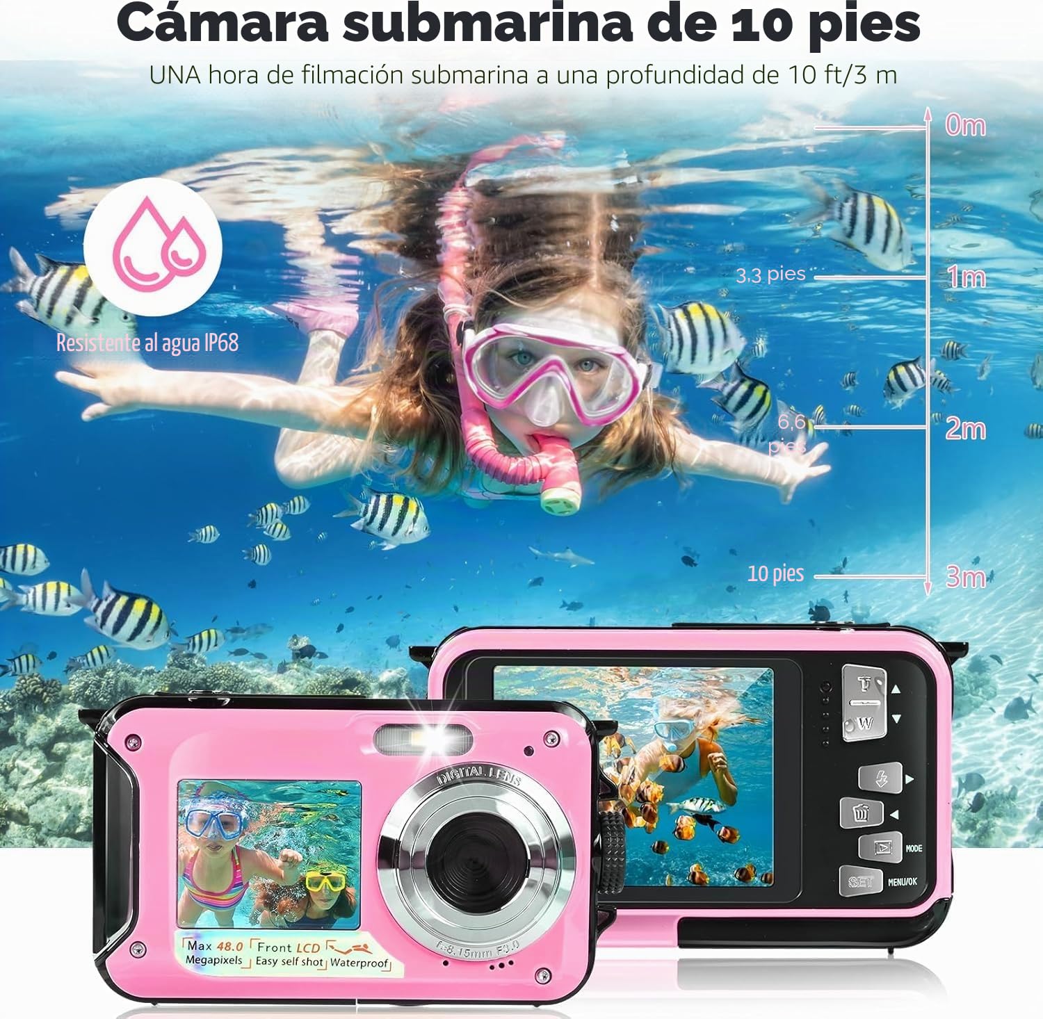 Cámara subacuática Comius Sharp para esnórquel y buceo, 10 pies 3 MP, FHD, resistente al agua, 32 G para disparador automático, bajo el agua, surf, rosa
