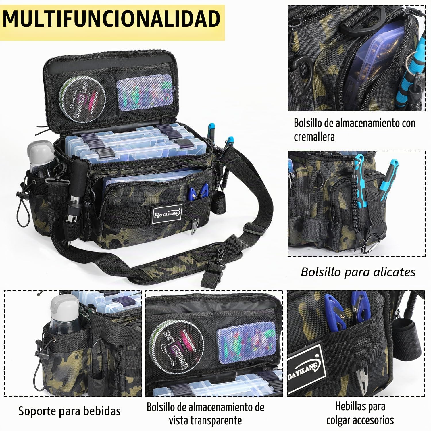 Sougayilang Bolsa de pesca para aparejos y equipo de pesca para agua salada o dulce. Almacena cebo, comida para peces, carretes, etc. Correa acolchada para el hombro.