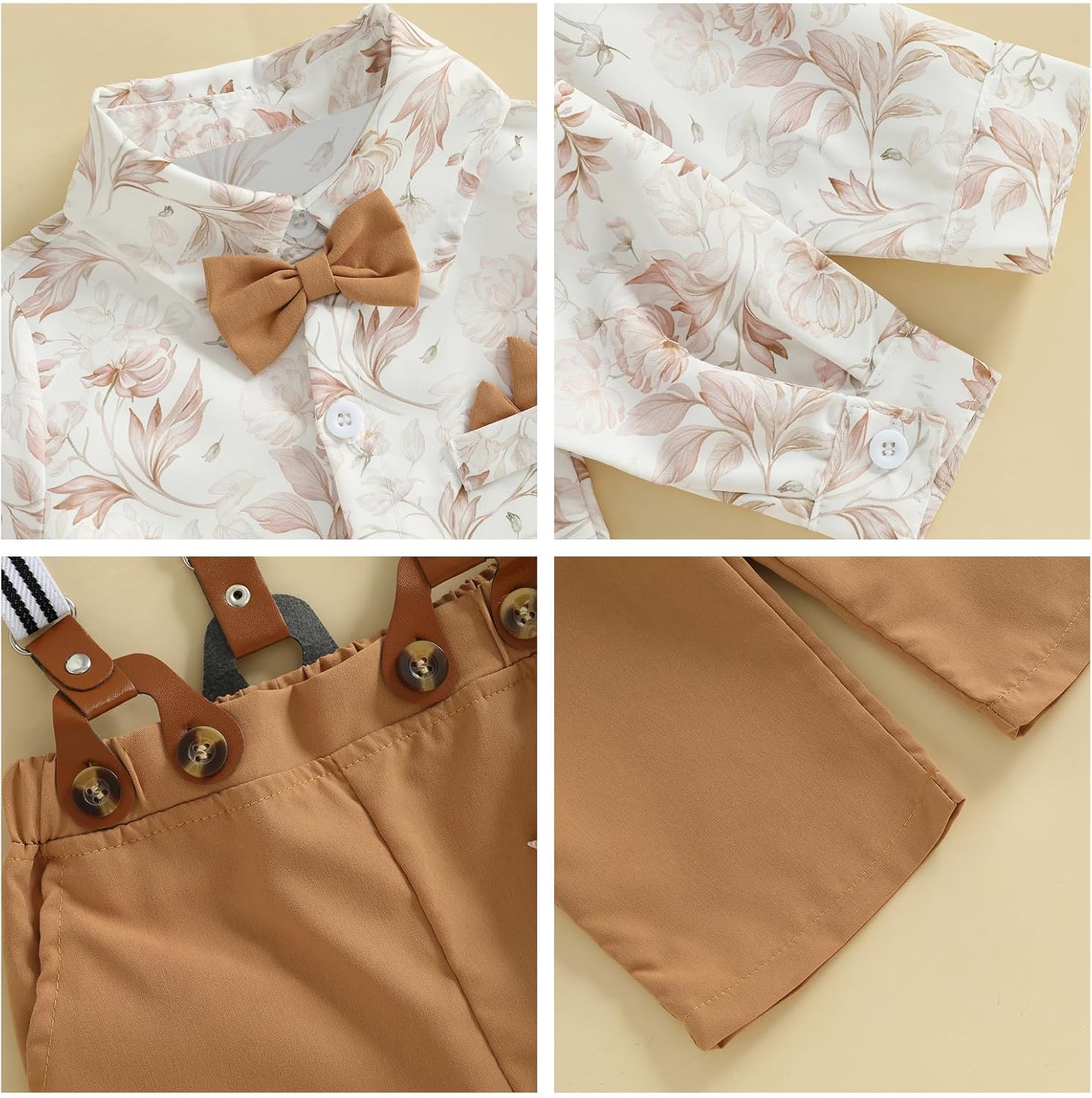 fhutpw Toddler Boy Clothes Suit Formal Dress Shirt with Bowtie & Suspender Pants Kids Gentleman 3pcs Wedding Outfits - Image 6