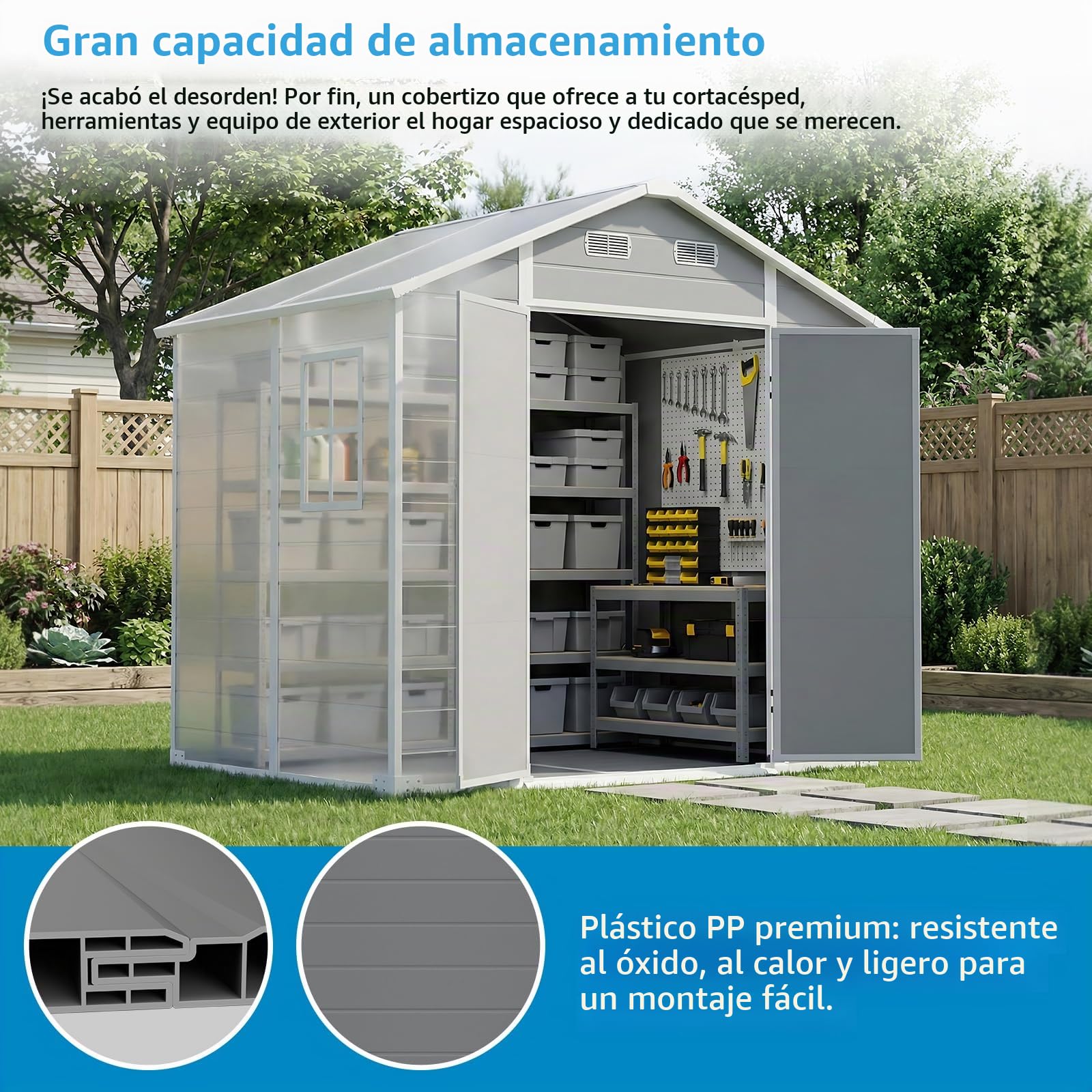 LARBANKE Caseta de Jardín Exterior 2,4×1,8m con Suelo — Cobertizo de Resina, Puerta con Cerradura, Ventilación, Impermeable, Techo Inclinado Antilluvia, Montaje en Kit, Gris
