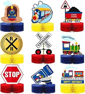 9 Pcs Railroad Train Crossing Theme Honeycomb Centerpieces Party Decorations Railway Train Centerpiece Decoration Birthday Railroad Crossing Sign Table Topper Kids' Party Centerpieces Photo Booth Prop