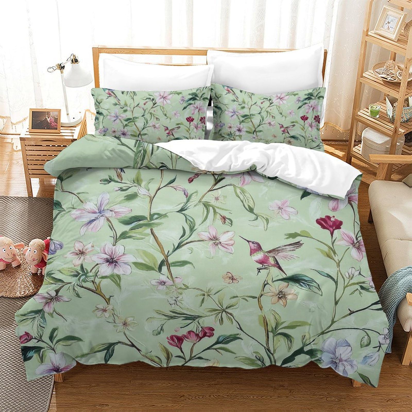 KQZJXNRPHG Hummingbird Floral 3D Printed Duvet Cover Set Superking Bedding Set Egyptian Cotton Pillowcases Bedding Set Double（200x200cm）