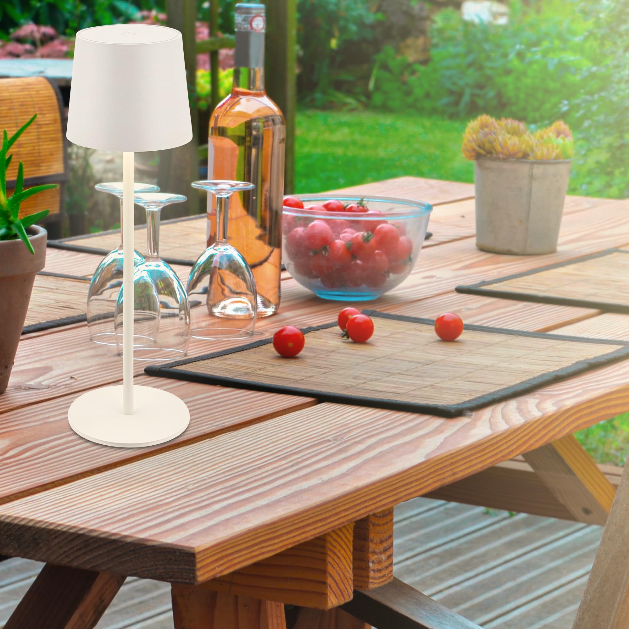 BRILONER - Lámpara de mesa LED inalámbrica IP44 con sensor táctil, regulable, batería y fuente de luz intercambiable, lámpara de mesita de noche, lámpara de lectura, camping, 11x33cm, blanco antiguo