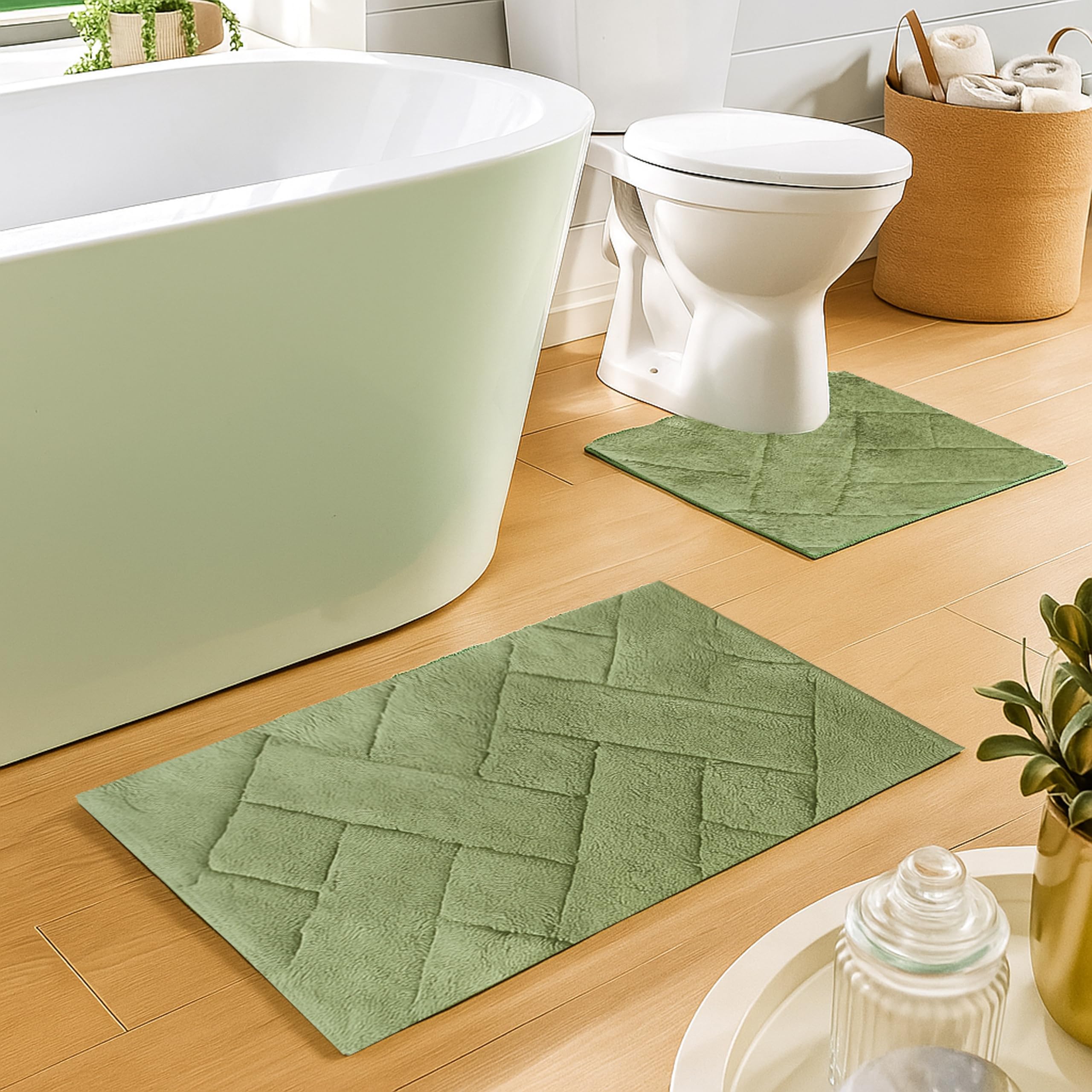 Olivia Rocco Bali 2 Piece Bath Mat Set Super Soft 100% Cotton Easy Care Plush Bath Rug + Toilet Mats Water Absorbent Pedestal Bathmat For Bathroom Toilet Shower (Sage Green) - Image 2