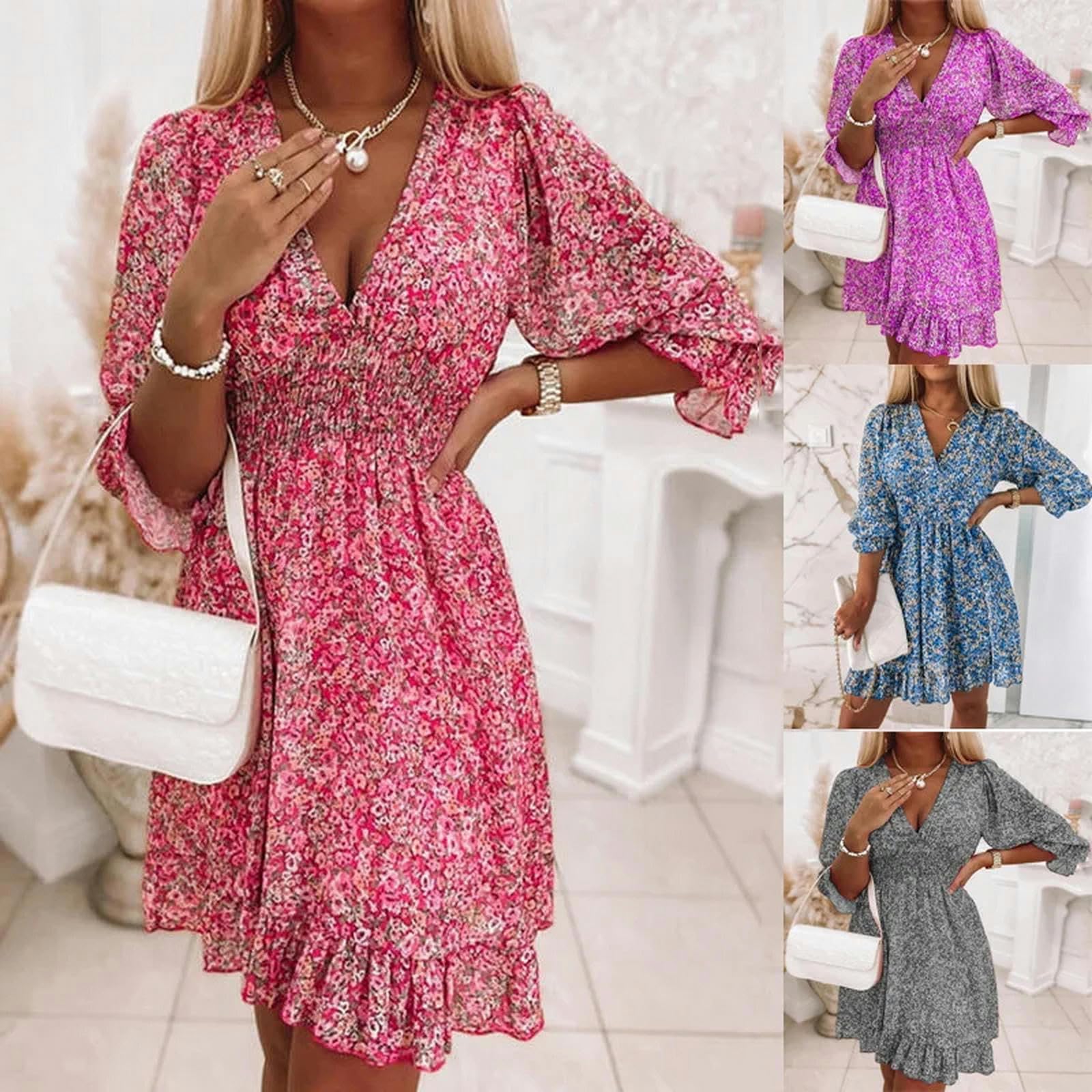 Aumentar el Tamaño de Los Chalecos de Cuello V de Manga de Burbuja de Verano Estampados Vestidos de Manga Corta con Flores Delgadas en Forma de a, HUTALIM, Verde, 3XL