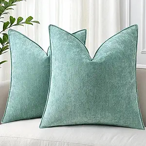 decorUhome Couch Throw Pillow Covers 16x16 Set of 2, Decorative Soft Euro Neutral Chenille Pillow Covers with Elegant Design for Sofa Bed Living Room Home Decor, Aqua Haze