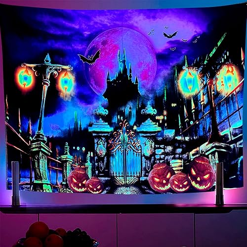Hysenm Tapiz de castillo de luz negra de 70 x 90 pulgadas, tapiz hippie reactivo a los rayos UV, decoración de habitación de Halloween, calabazas,