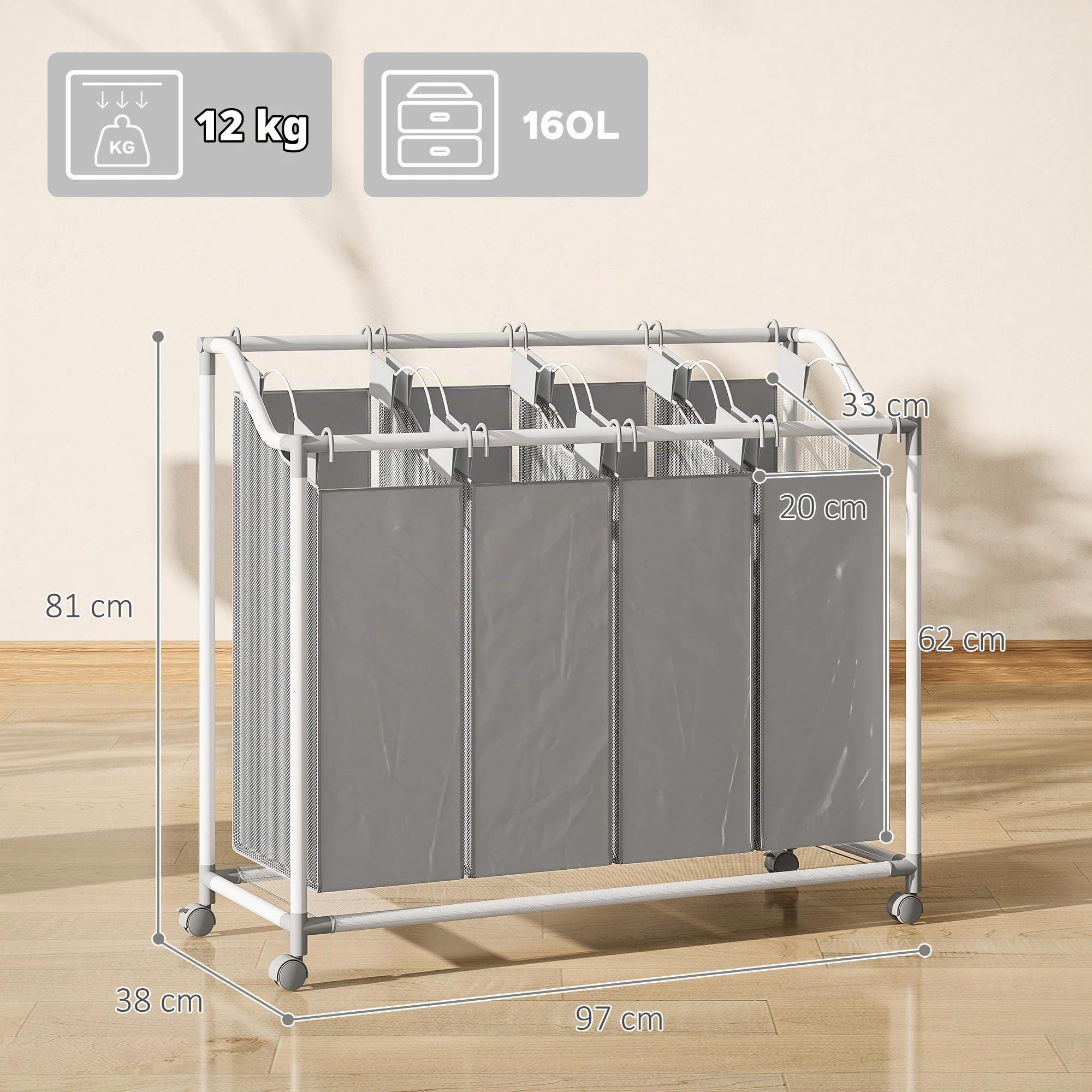 HOMCOM Panier à Linge Mobile 4 Compartiments 4 x 40L Gris | Corbeille à Roulettes, 4 Sacs Amovibles, Chariot Linge Sale, Buanderie, Chambre, Salle de Bain