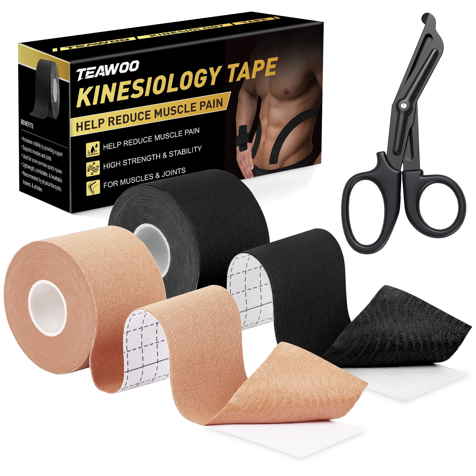 TEAWO Kinesiology Tape 2 Rolls 2in X 16 4Ft Waterproof Hypoallergenic Latex-Free Athletic Tape Muscle Joint Support for
