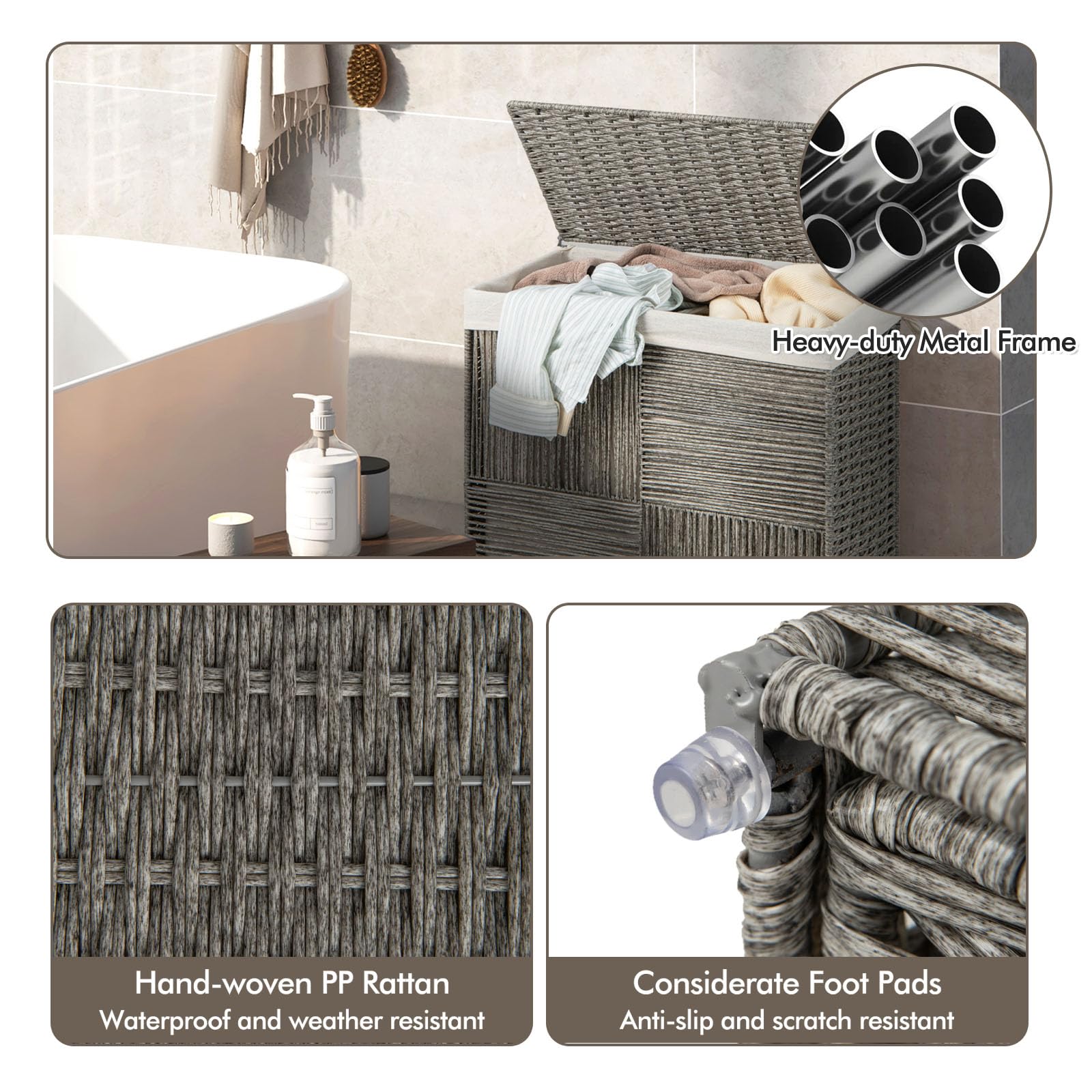 LIFEZEAL Handgeflochtener Rattan Wäschekorb, 110L Wäschesammler mit Deckel, Aufbewahrungskorb mit herausnehmbarem Wäschesack, Faltbarer Wäschetonne für Waschküche, Laundry, Badezimmer