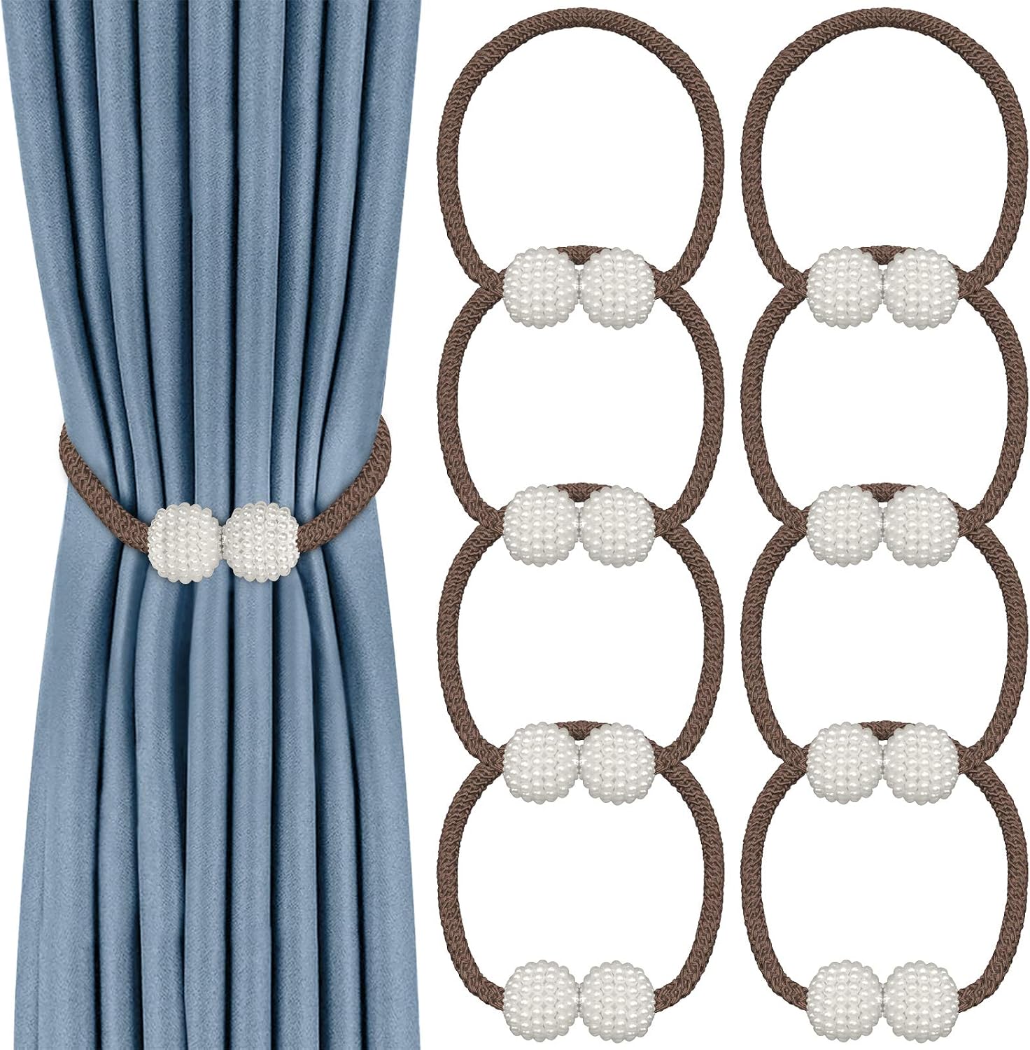 8 Pack Magnetic Curtain Tiebacks,Convenient Drape Tie Backs Decorative Curtain Holdbacks Holder Curtain Tiebacks for Window Draperies, No Tools Required-Pearl Shape (Brown)