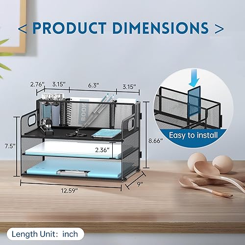 Miniatura 3 de Organizador de archivos de escritorio de 3 niveles con soporte para bolígrafos, bandeja de papel de malla para escritorio, soporte plegable con asa
