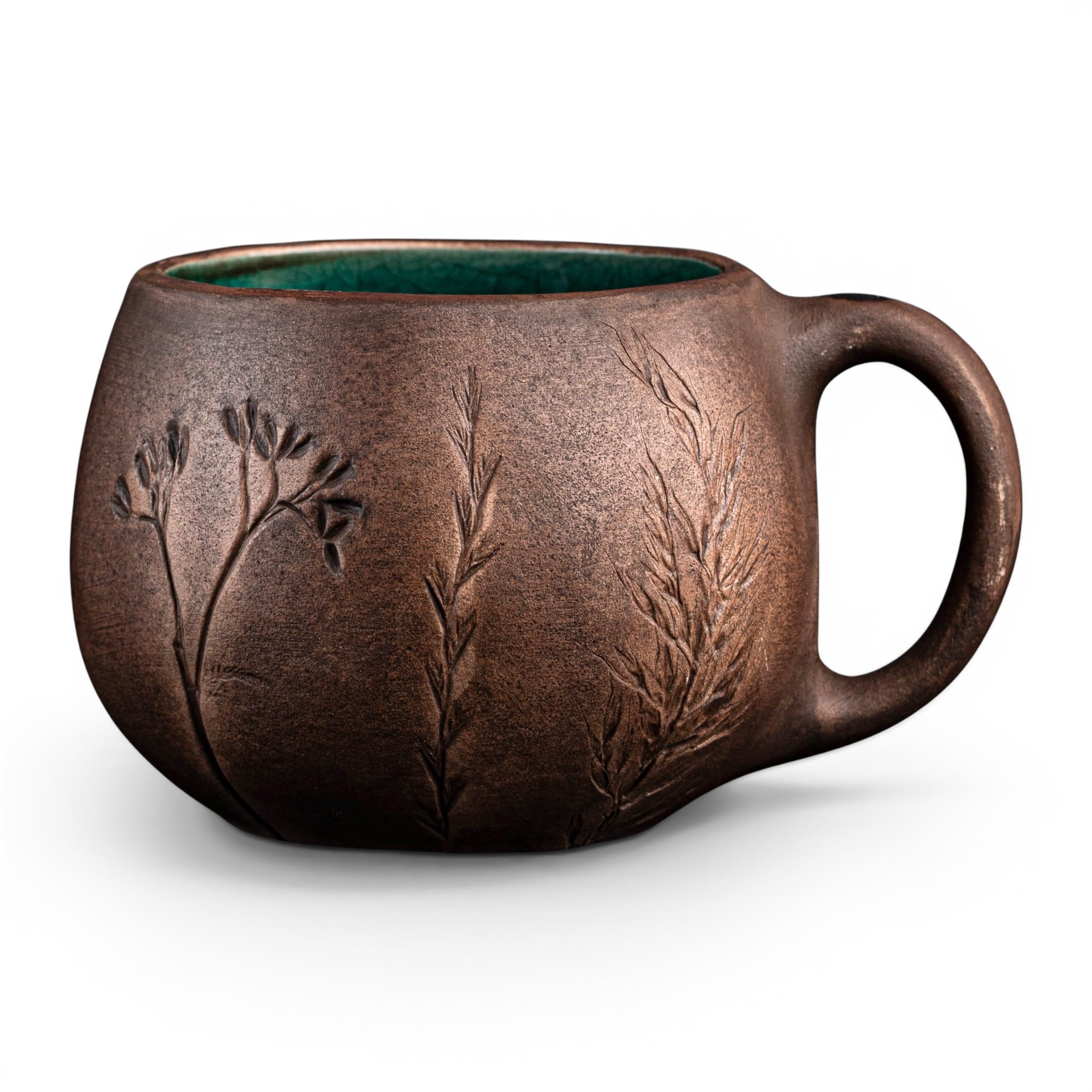 GORDUCH Handmade Ceramic Coffee Mug 350ml, Rustic Pottery Cup with Botanical Wild Herbs Imprint Artisan Milk-Fired Clay Mug, Unique Tea Cup Gift for Him Her (Blue Interior)