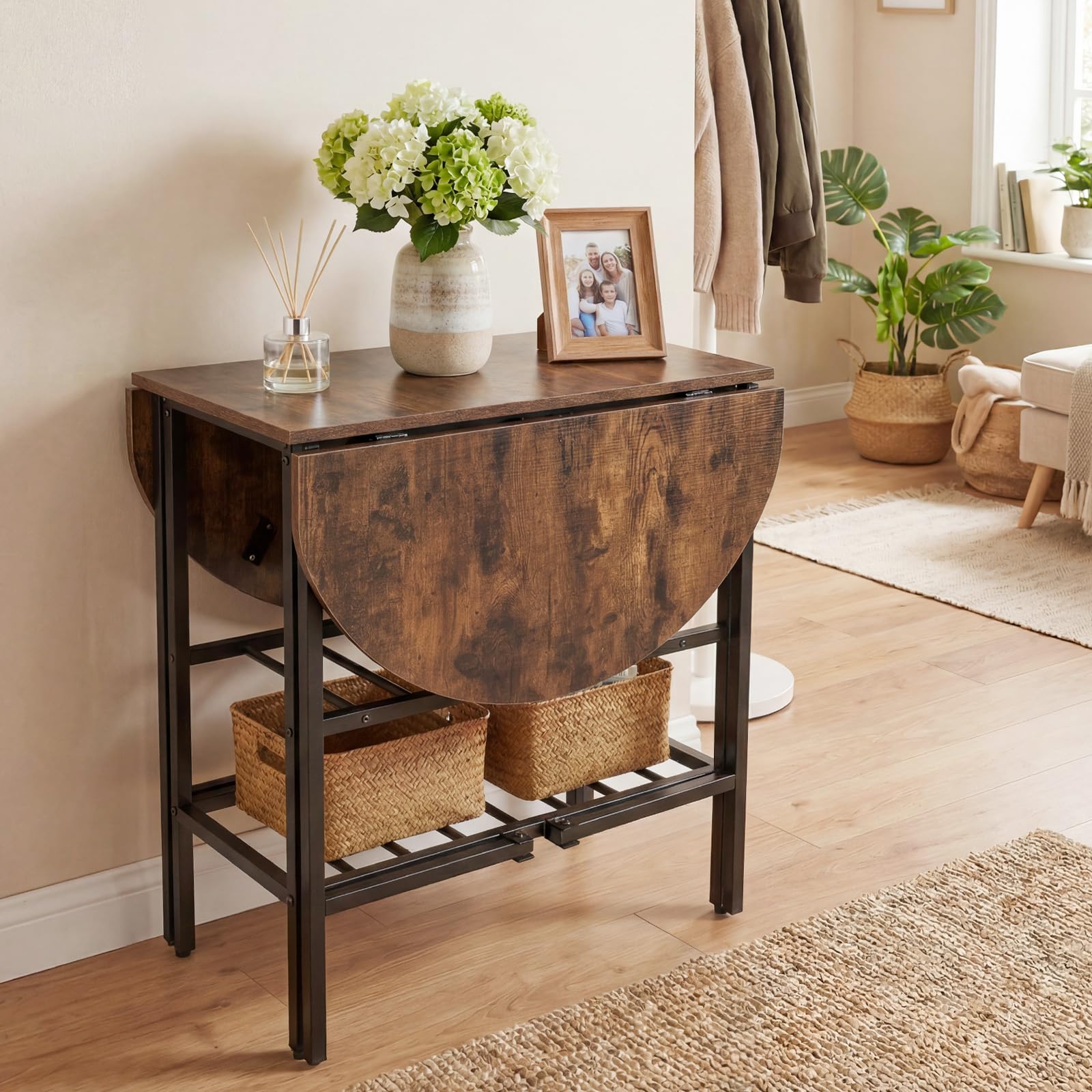 COSTWAY Mesa de Comedor Extensible, Mesa de Cocina Plegable con 2 Hojas Abatibles, 2 Estantes de Almacenamiento, Estructura de Metal, para Sala de Estar, Espacios Pequeños, 110 x 70 x 76 cm (Marrón)