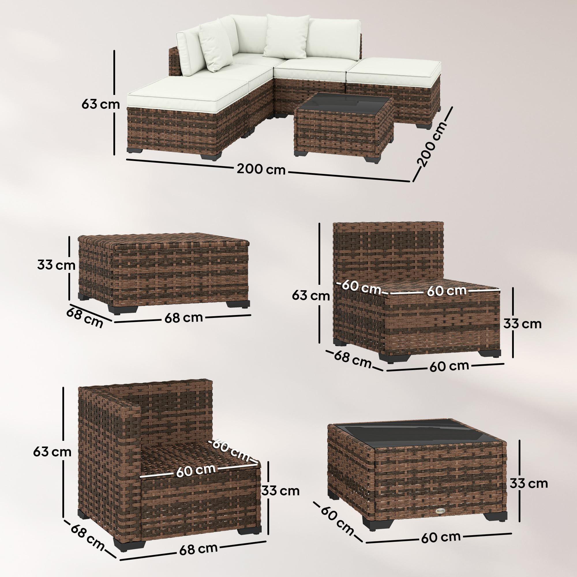 Outsunny Conjunto de Jardín de Ratán de 6 Piezas, Conjunto Terraza Resistente, Muebles Jardín Exterior Incluye Cojines, 4 Módulos de Asiento, 1 Sofá Esquinero y Mesa Centro de Vidrio, Marrón Mixto
