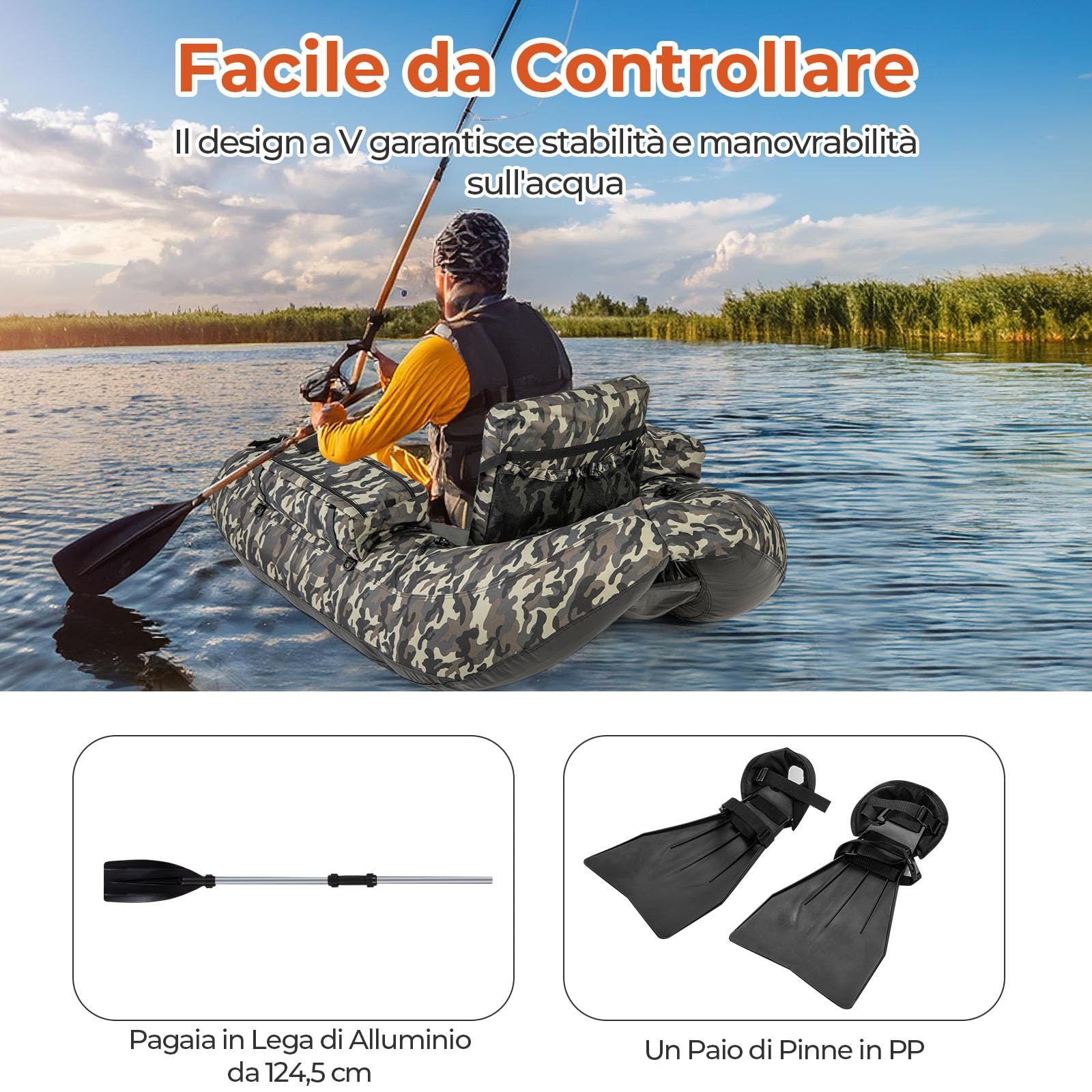 GYMAX Galleggiante da Pesca Gonfiabile, Barca da Pesca Portatile con Spallacci Regolabili, Pompa Manuale, Pagaia, Pinne, Portacanne, Misuratore di Pesce, Spazio di Archiviazione