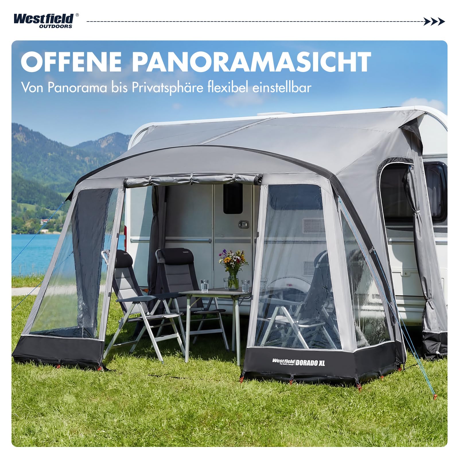 Westfield Outdoors Dorado XL 375 x 250 cm aufblasbares Vorzelt, Wohnwagenvorzelt, Wasserdicht 3000 mm, UV-beständig, Panoramafenster & Moskitoschutz, inklusive Pumpe & Tragetasche