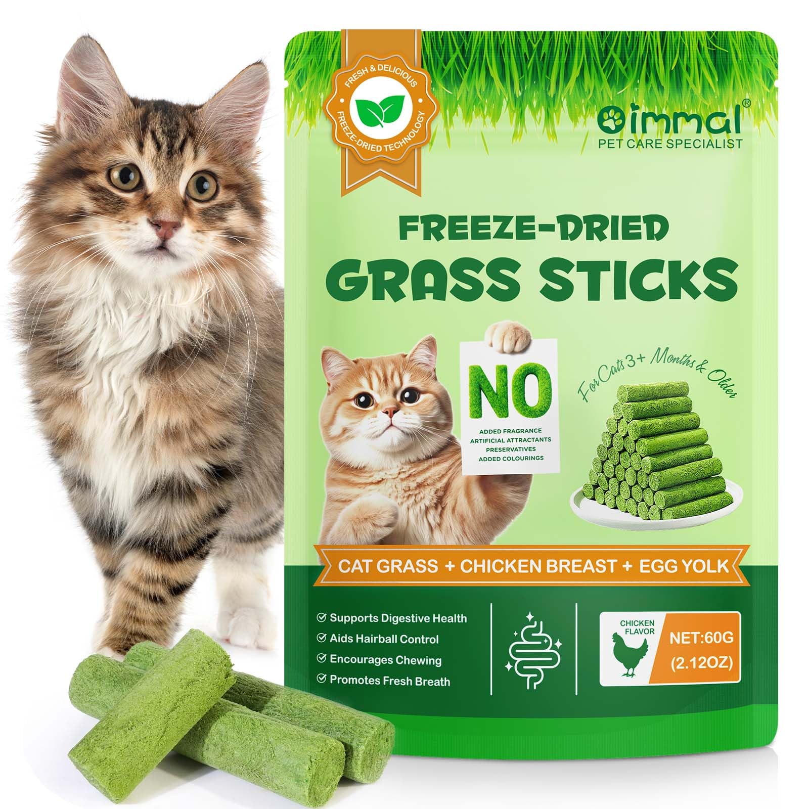Cat Grass Sticks, Freeze-Dried Cat Grass Treats for Indoor Food, Supports Digestive Health, Aids Hairball Control, Encourages Chewing, Promotes Fresh Breath, Natural Chicken 60G