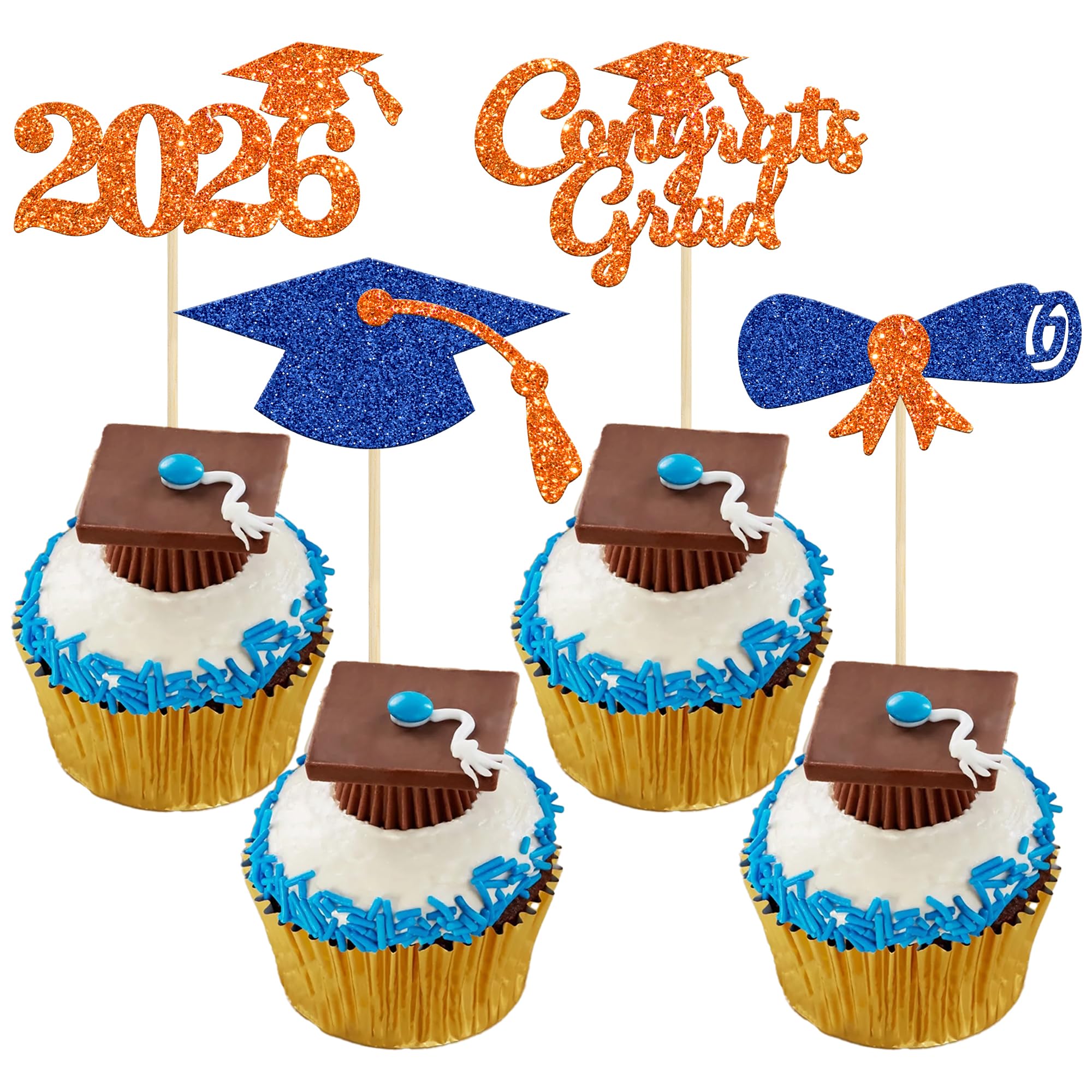 Gyufise 24Pcs Glitter 2026 Graduation Theme Cupcake Toppers Diploma Class of 2026 Graduation Cap Cupcake Picks for Class of 2026 Grad Theme Party Cake Decorations Supplies Blue Orange