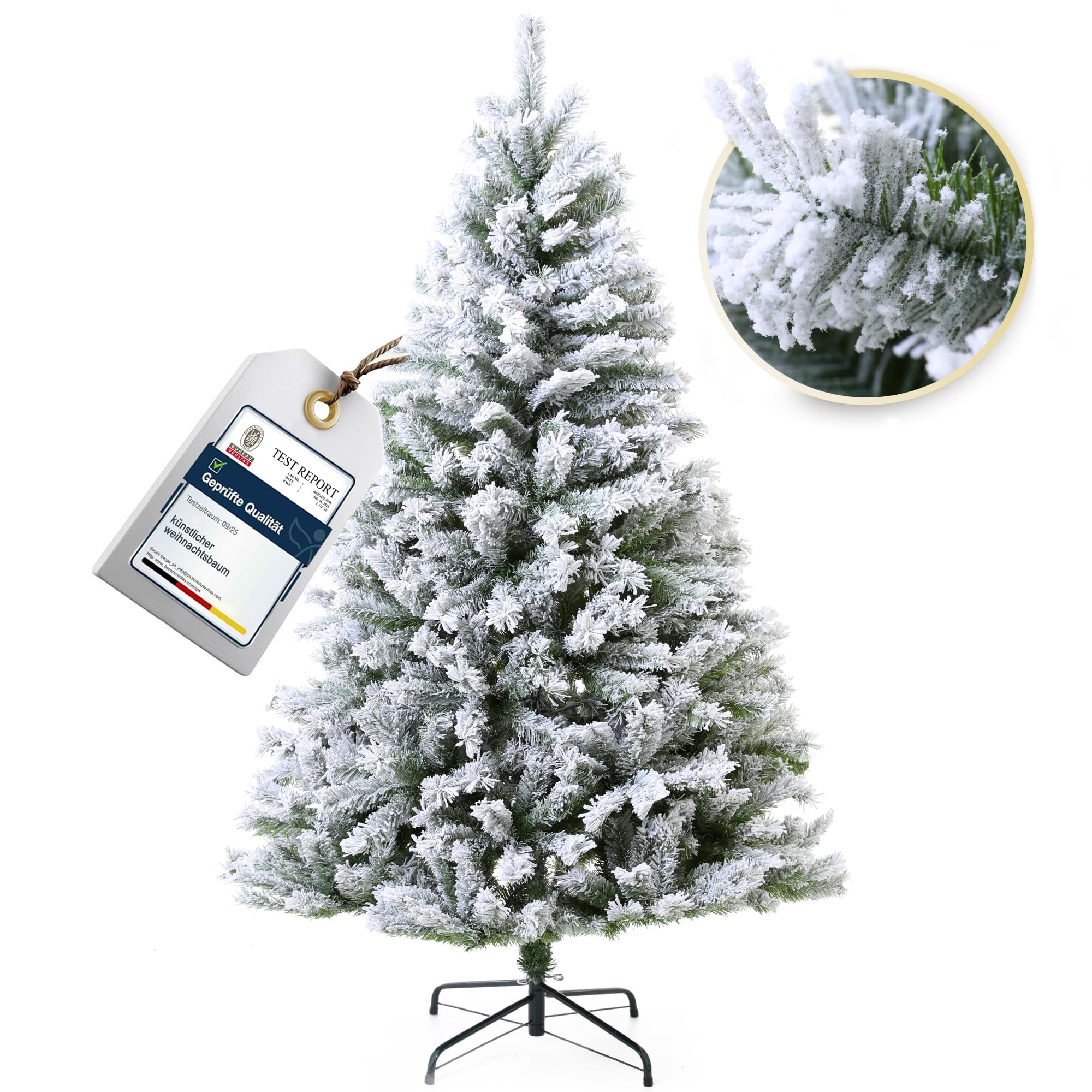 EVGN Sapin de Noël Artificiel floqué - Sapin de Neige en différentes Tailles 210 cm - en PVC Dense - Système de Parasol Rabattable - Aspect Naturel - avec Support en métal - Difficilement Inflammable