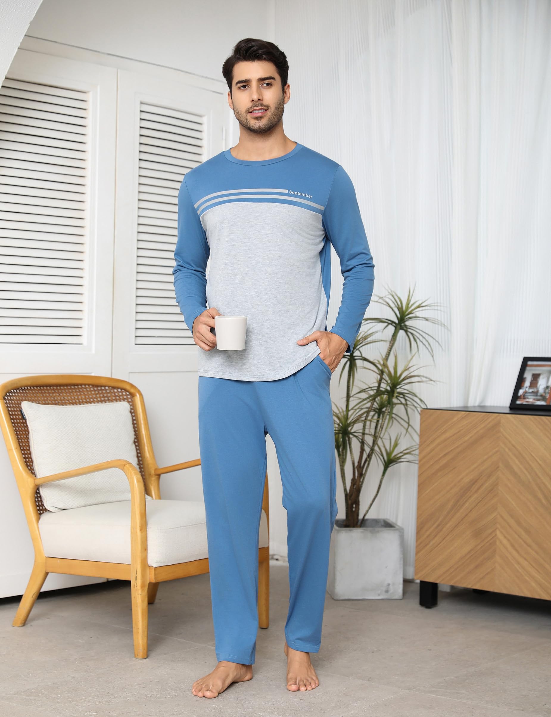 Pijamas Hombre Invierno Conjuntos de Algodón Pijama Cálidos Manga Larga Ropa de Dormir Cuello Redondo Ropa de Salón Dos Piezas