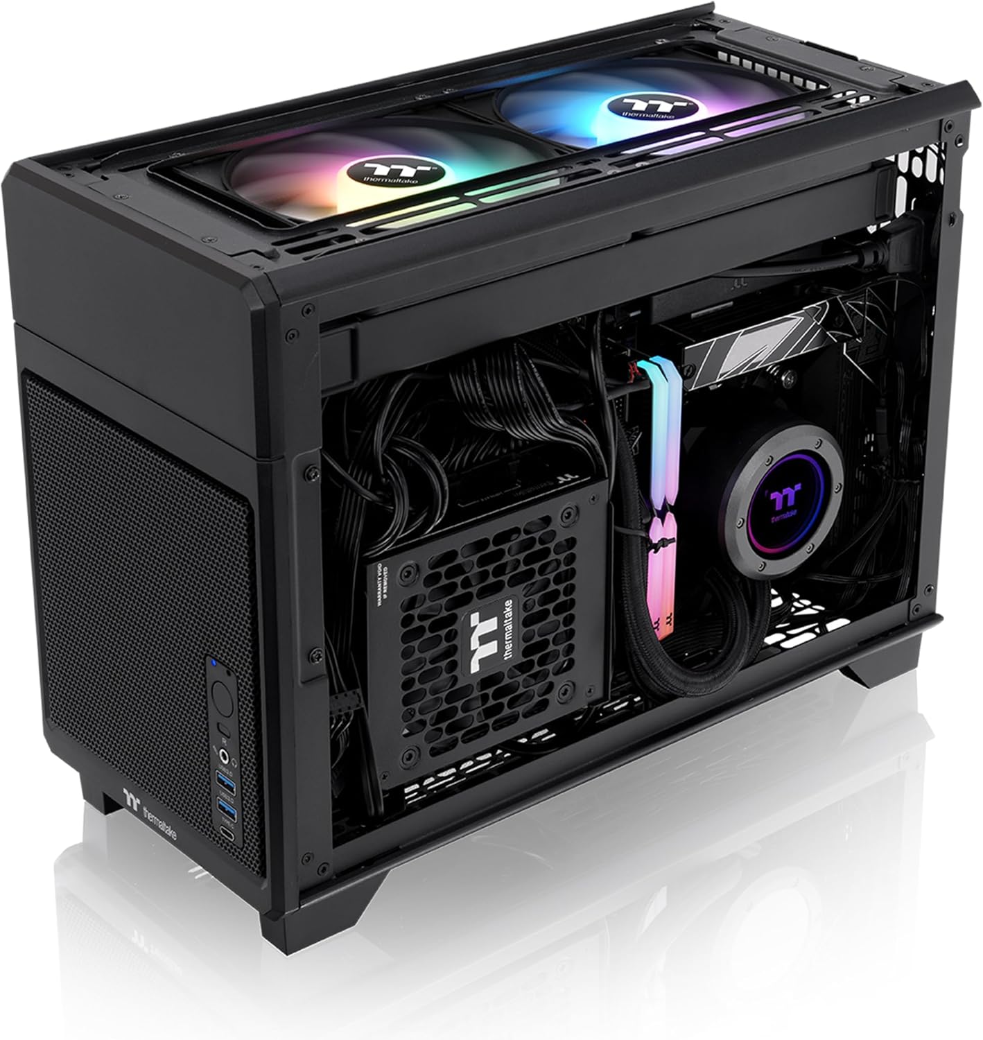 Thermaltake TR100 SFF Chassis; mITX Support; 18.9 Liters; PCIe 4.0 Riser Cable Included; 360mm GPU Clearance; 280mm Radiator Support; Removable PCIe Bracket; Black; CA-11A-00S1NN-00
