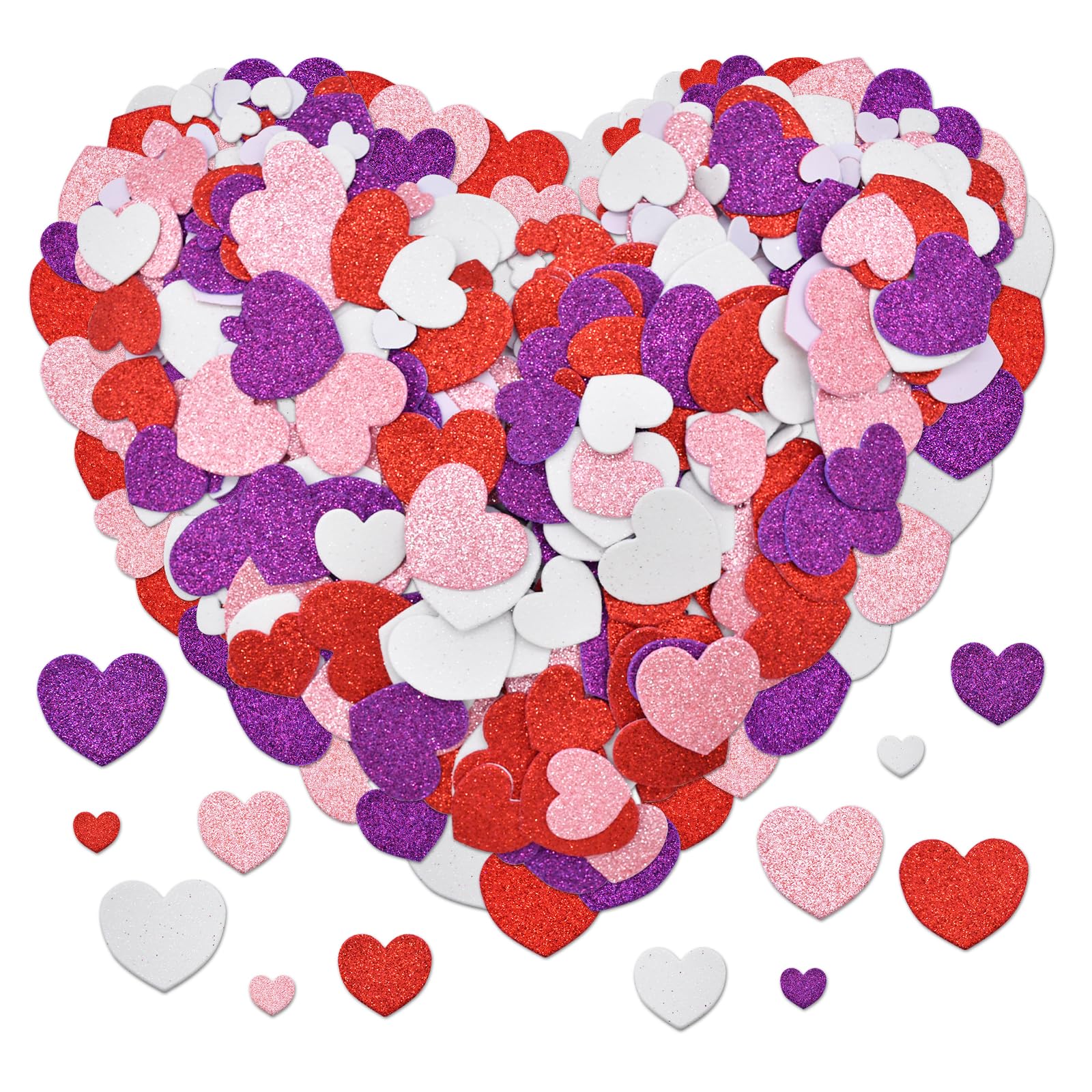 400 Pieces Heart Shaped Glitter Foam Stickers - Assorted Red, Purple, Pink, and White Colors in 3 Sizes, Self-Adhesive for Kids Crafts, Valentine's Day Decorations, Wedding Party Favors Supplies