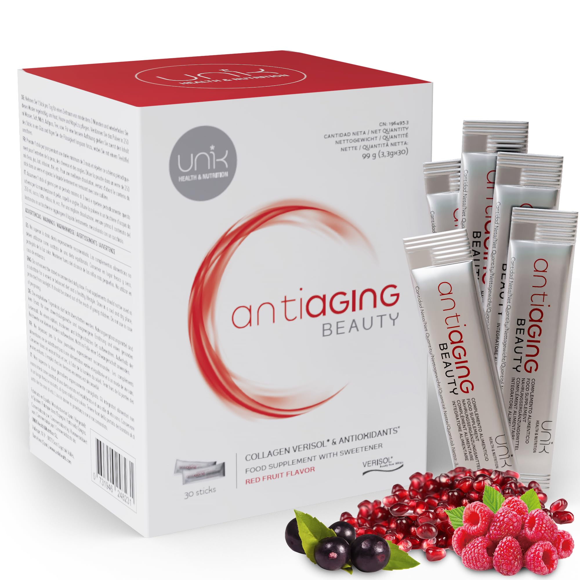 Colágeno Verisol con Ácido Hialurónico + Biotina + Granada y Açai 30 Sticks Antiaging Beauty Sabor Frutos Rojos Suplemento Natural para Piel Firme Sin Arrugas Cabello Saludable y Uñas Fuertes (1)